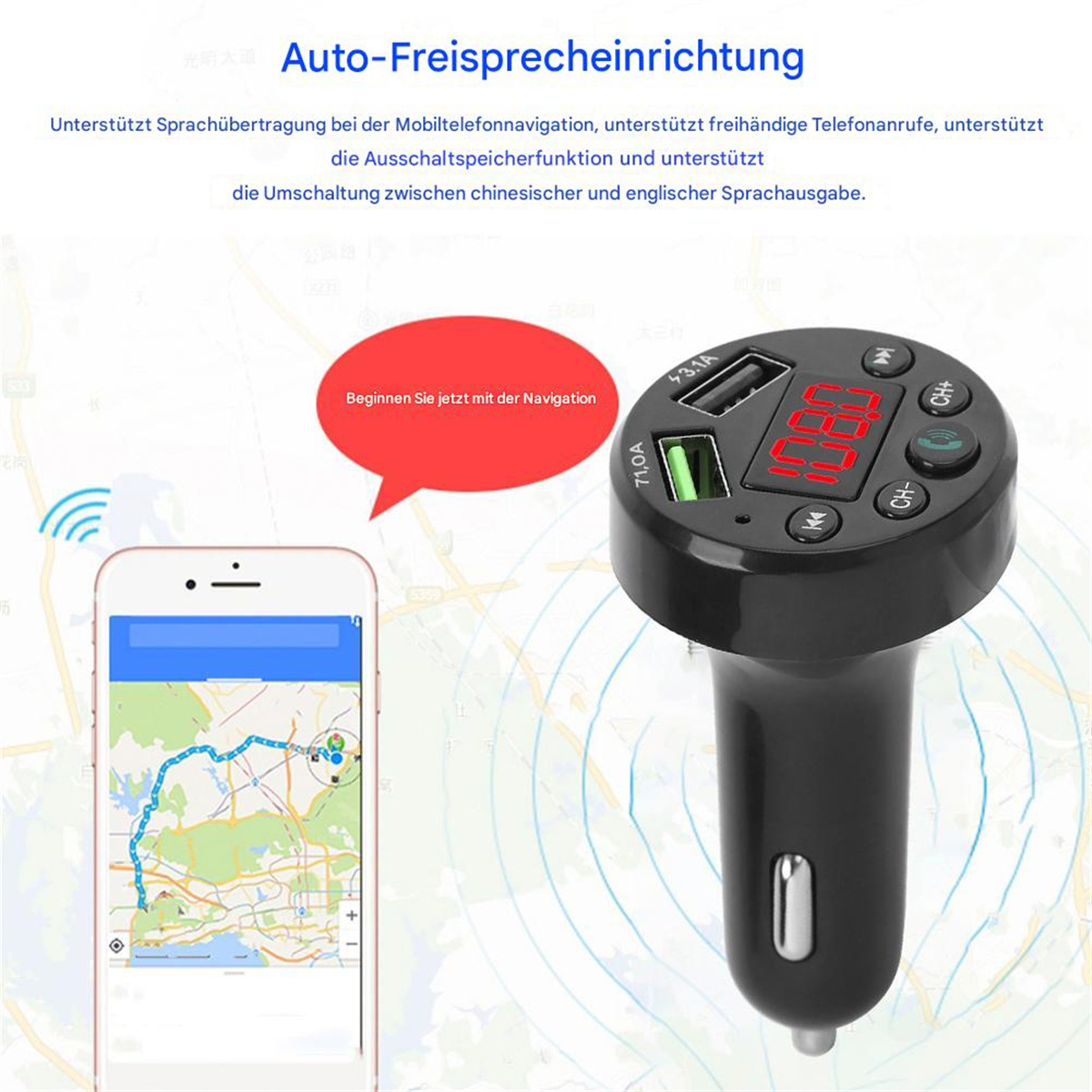 Autoladegerät mit USB-Anschlüssen und Display. Ein Telefon mit Karte links.