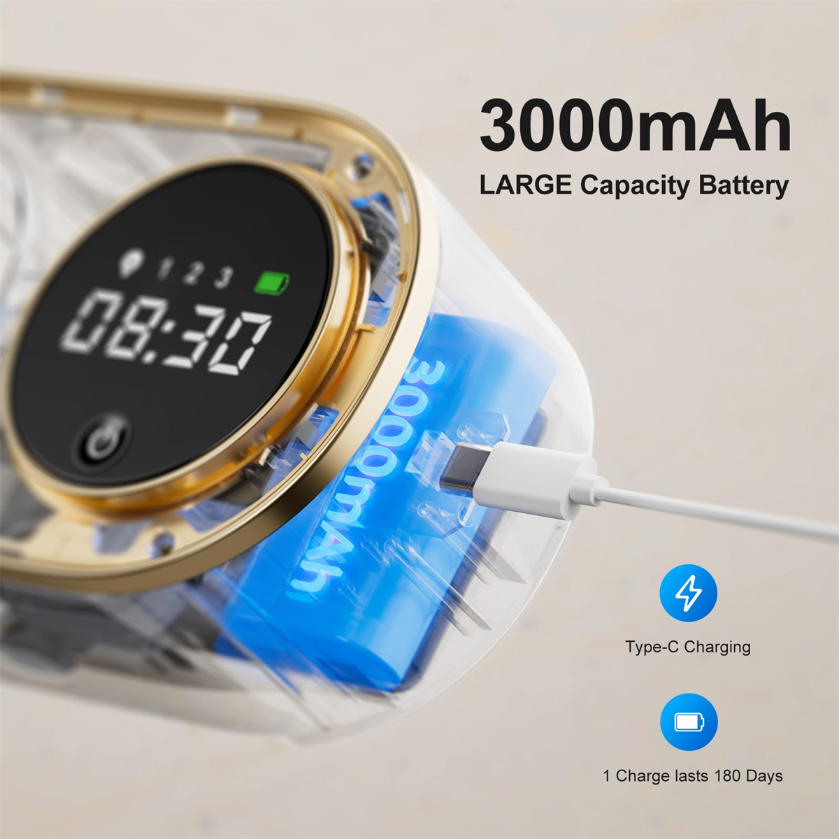 Ein transparentes Gerät mit einer blauen Batterie im Inneren und einem goldenen Rand, mit "3000mAh" und "Type-C Charging".