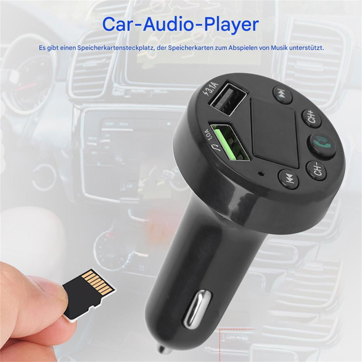 Ein schwarzer Auto-Audioplayer mit USB-Anschlüssen, Knöpfen und einer Speicherkarte, in einem Auto.