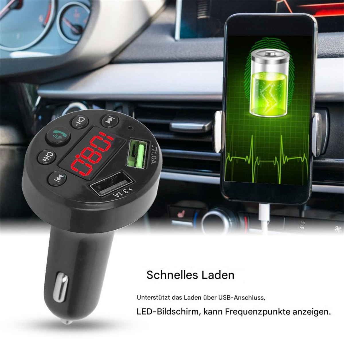 Schwarzer Auto-Adapter mit digitaler Anzeige. Ein Telefon in Halterung lädt, grüne Balken zeigen Ladung.