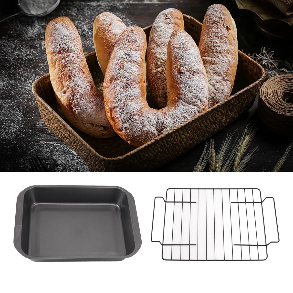 Brot in einem Korb und ein Backblech mit einem Rost.