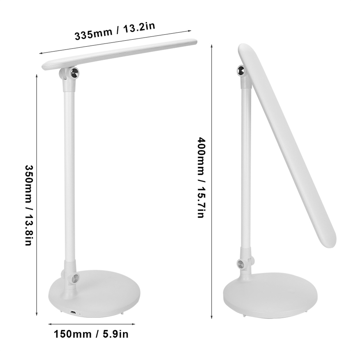 Zwei Ansichten einer weißen Schreibtischlampe mit Maßen in mm und Zoll.