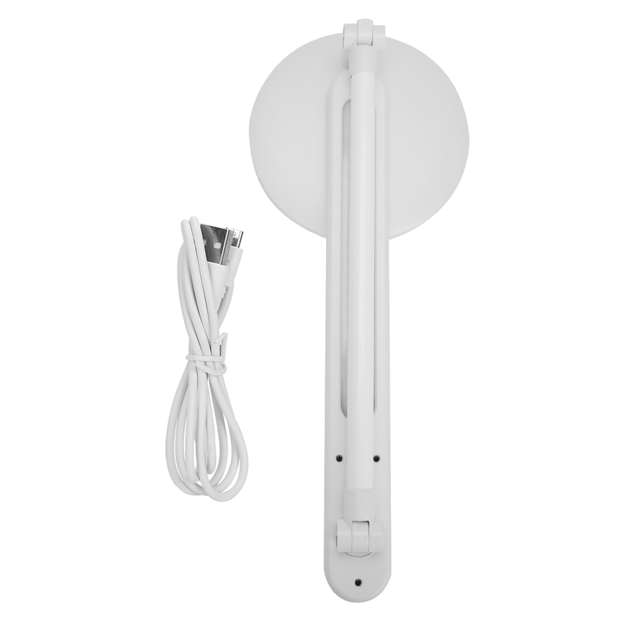 Eine weiße, faltbare Schreibtischlampe mit USB-Kabel auf weißem Untergrund.
