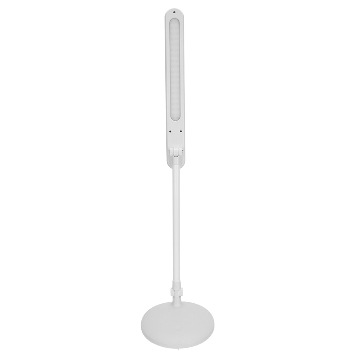 Eine weiße, verstellbare LED-Schreibtischlampe mit rundem Fuß, vertikalem Lichtfeld und flexiblem Arm.