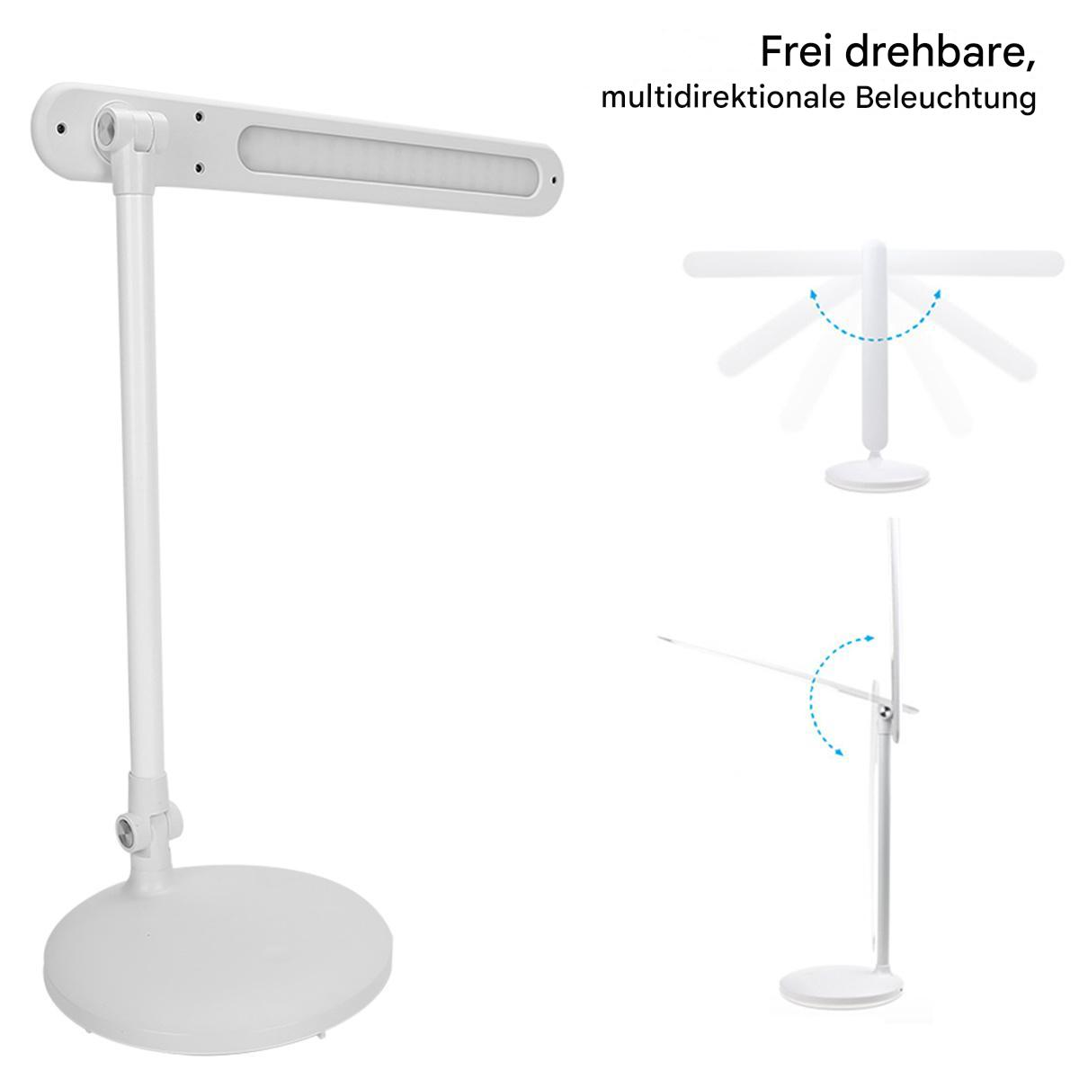 Eine weiße Schreibtischlampe mit verstellbarem Arm und kreisförmiger Basis.