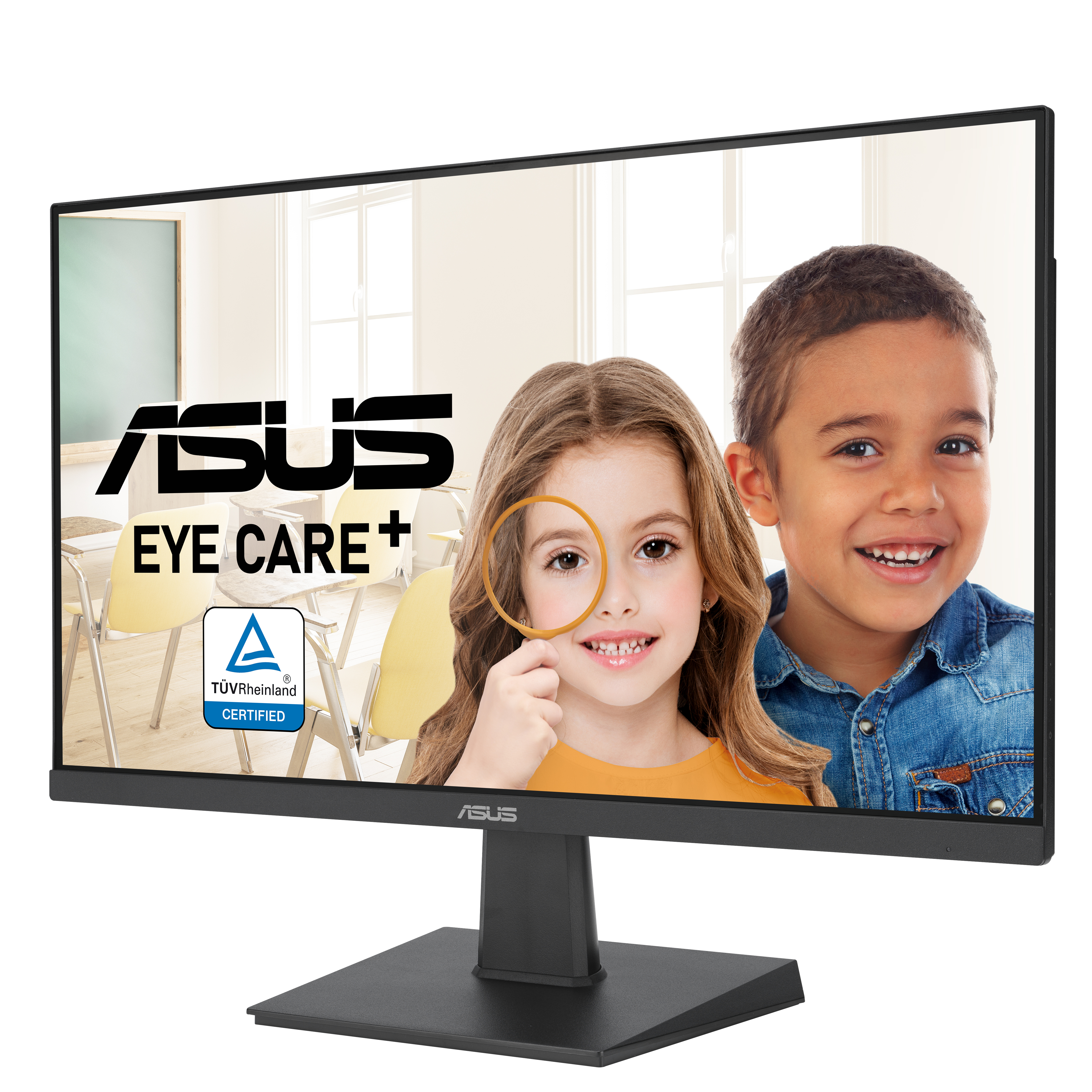 Un monitor per computer che mostra una scena di classe con bambini e il testo: ASUS EYE CARE+.