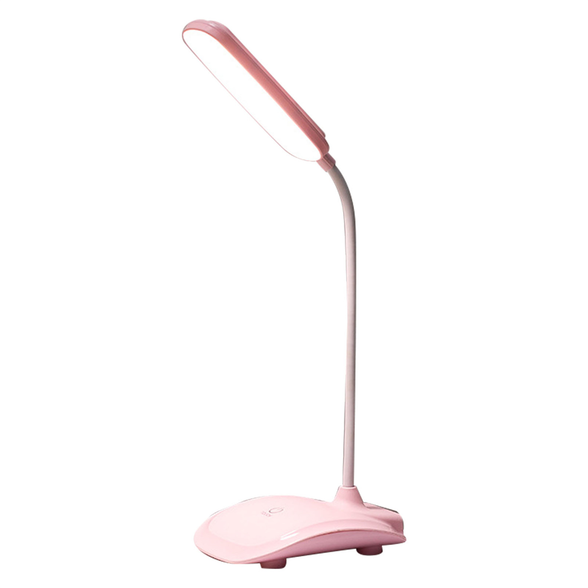 Eine rosa Schreibtischlampe mit gebogenem Hals und rundem Sockel.