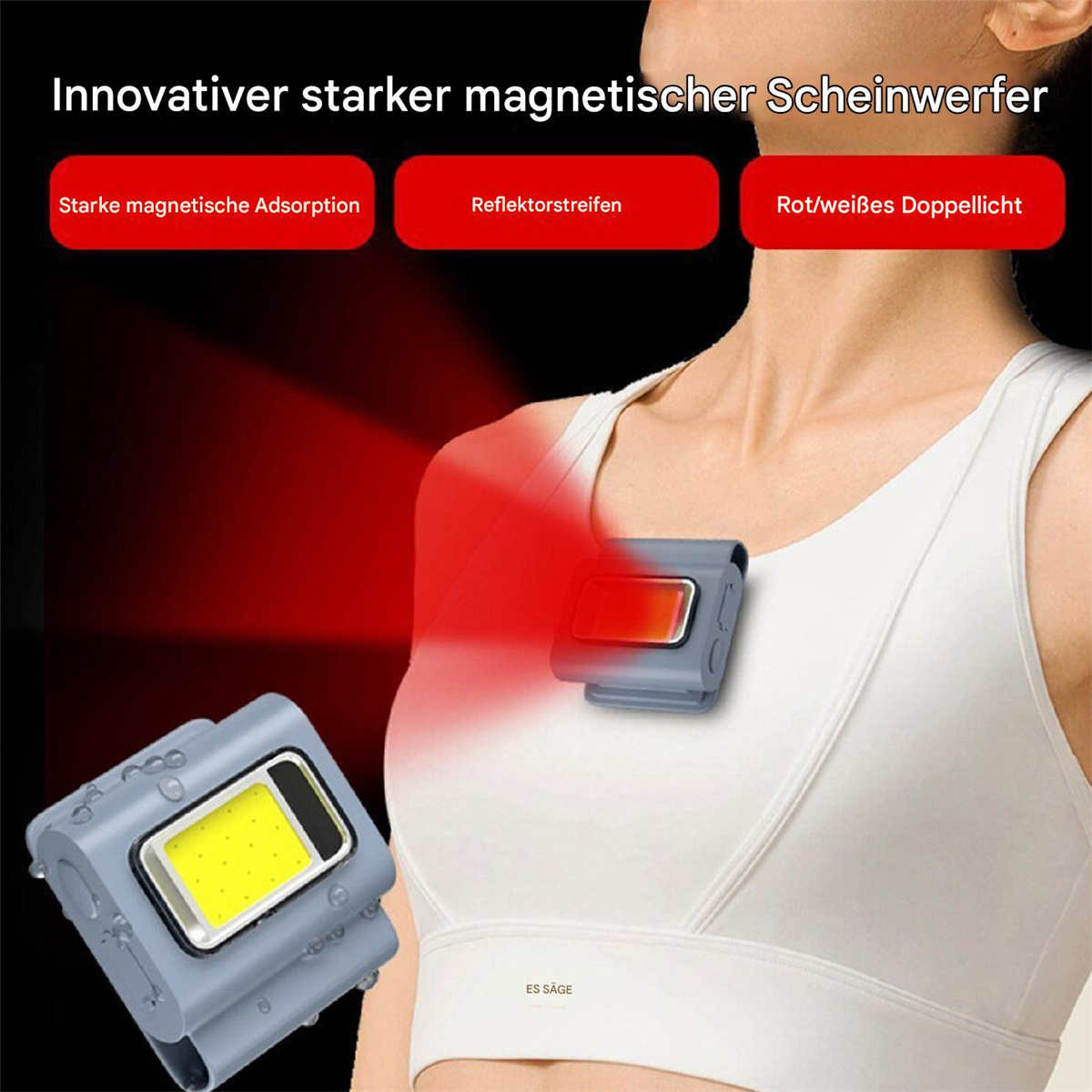 Eine Person trägt ein graues, magnetisches Sicherheitslicht. Das Licht hat ein rotes und ein weißes Licht, mit deutschem Text.