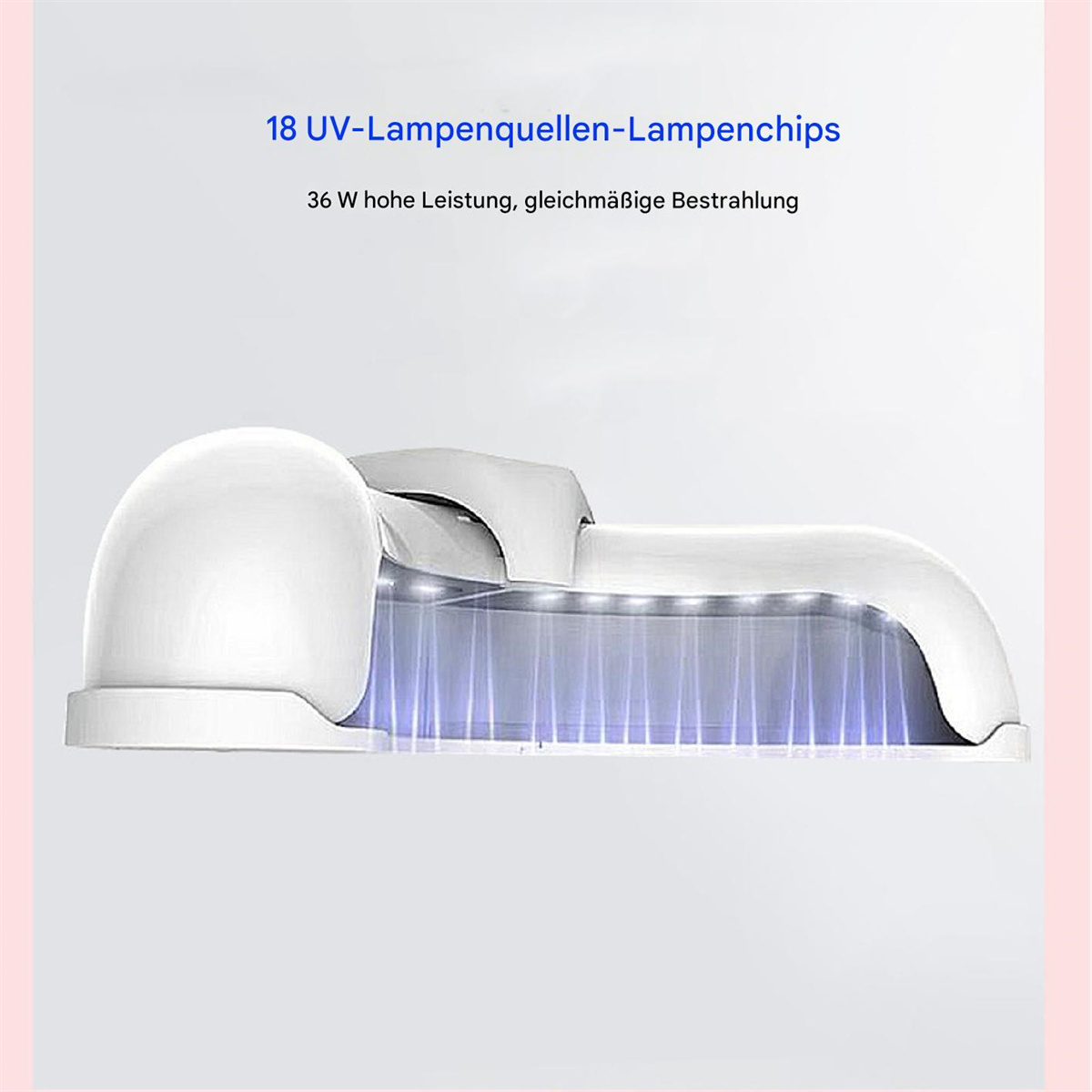 Nahaufnahme einer weißen UV-Nagellampe. Textdetails: 18 UV-Lampen und 36 W Leistung.