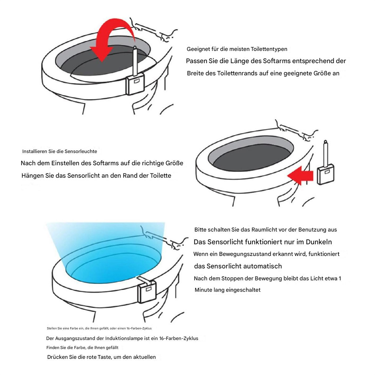 Diagramme, die die Installation und Bedienung eines Toilettenlichts zeigen.