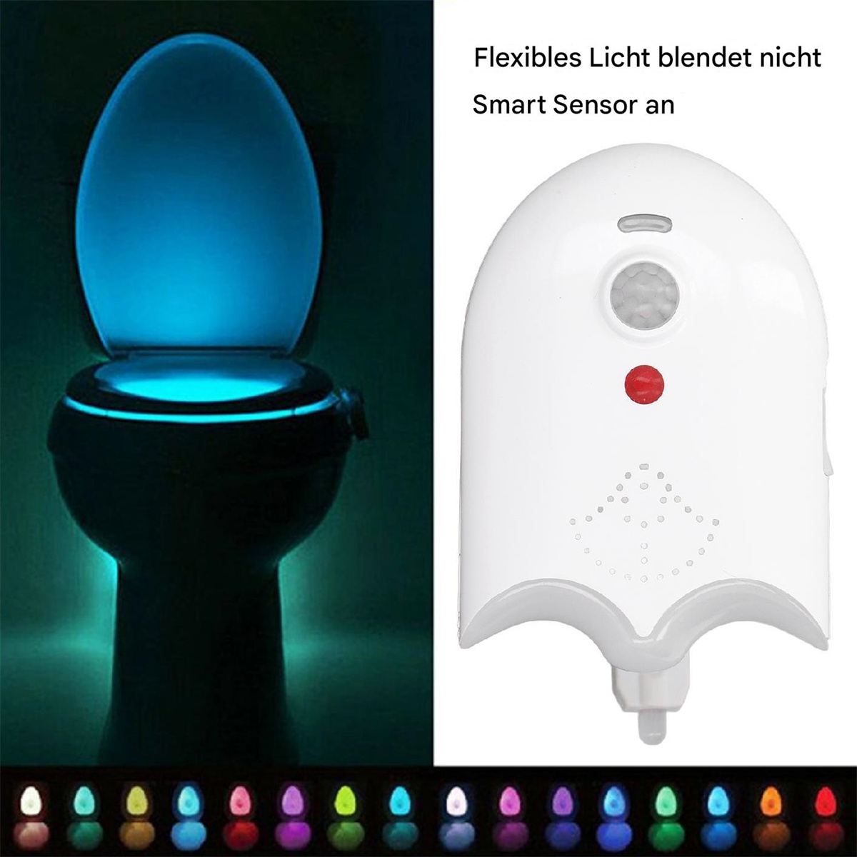 Toilettensitz leuchtet blau. Bewegungssensor rechts für automatische Lichtfunktion.