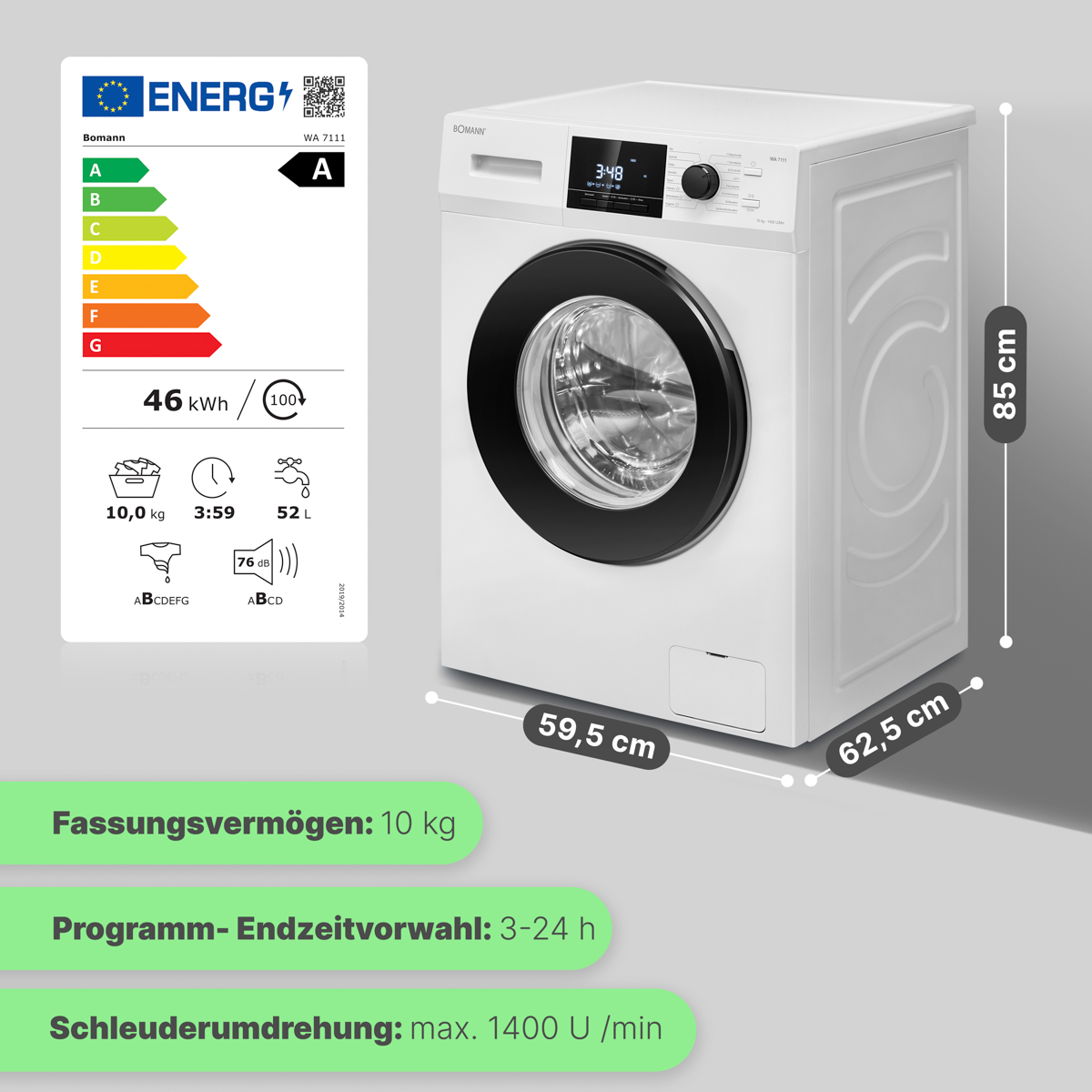 Eine weiße Waschmaschine mit schwarzer Tür, Abmessungen sind angegeben.