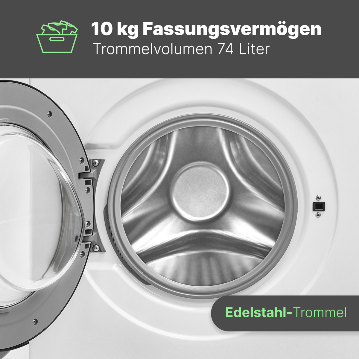 Waschmaschine mit offener Tür, Trommel und Text 'Edelstahl-Trommel'.