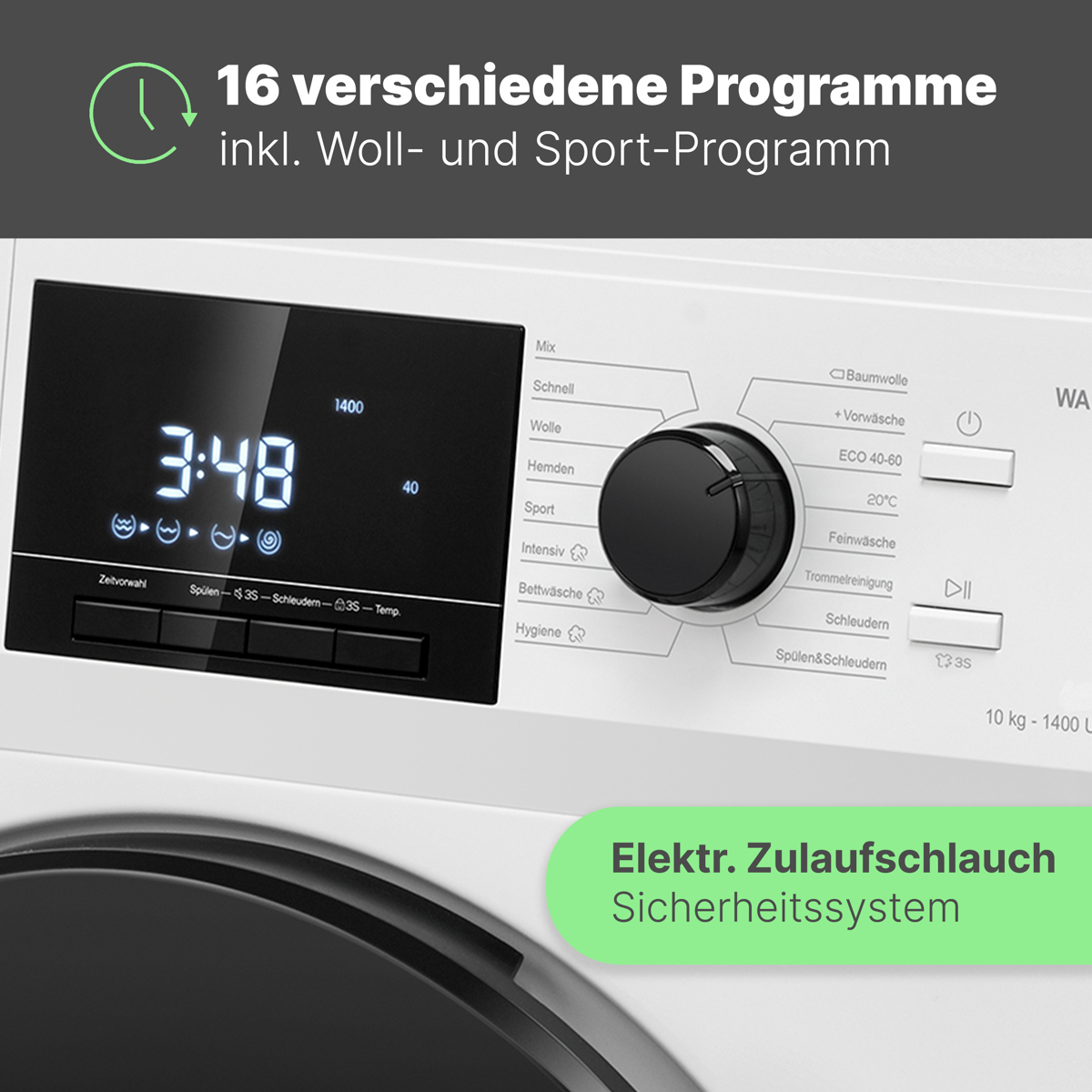 Waschmaschinen-Bedienfeld mit verschiedenen Programmen und digitaler Anzeige.