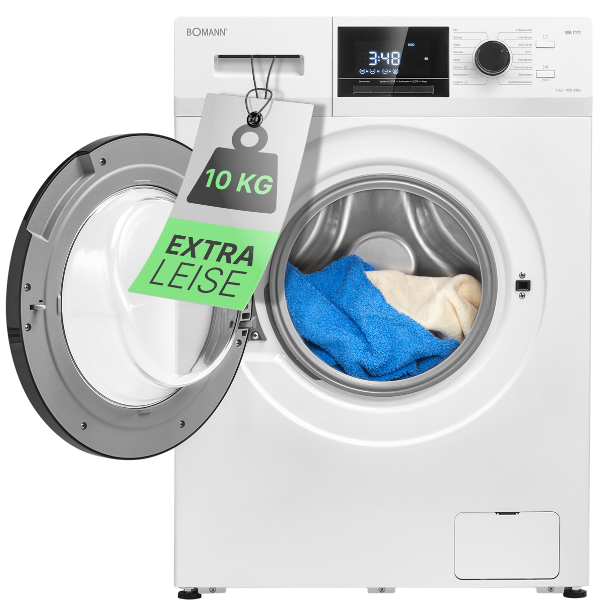 Eine weiße Waschmaschine, Tür offen, mit grünem Anhänger '10 KG' und 'EXTRA LEISE'.