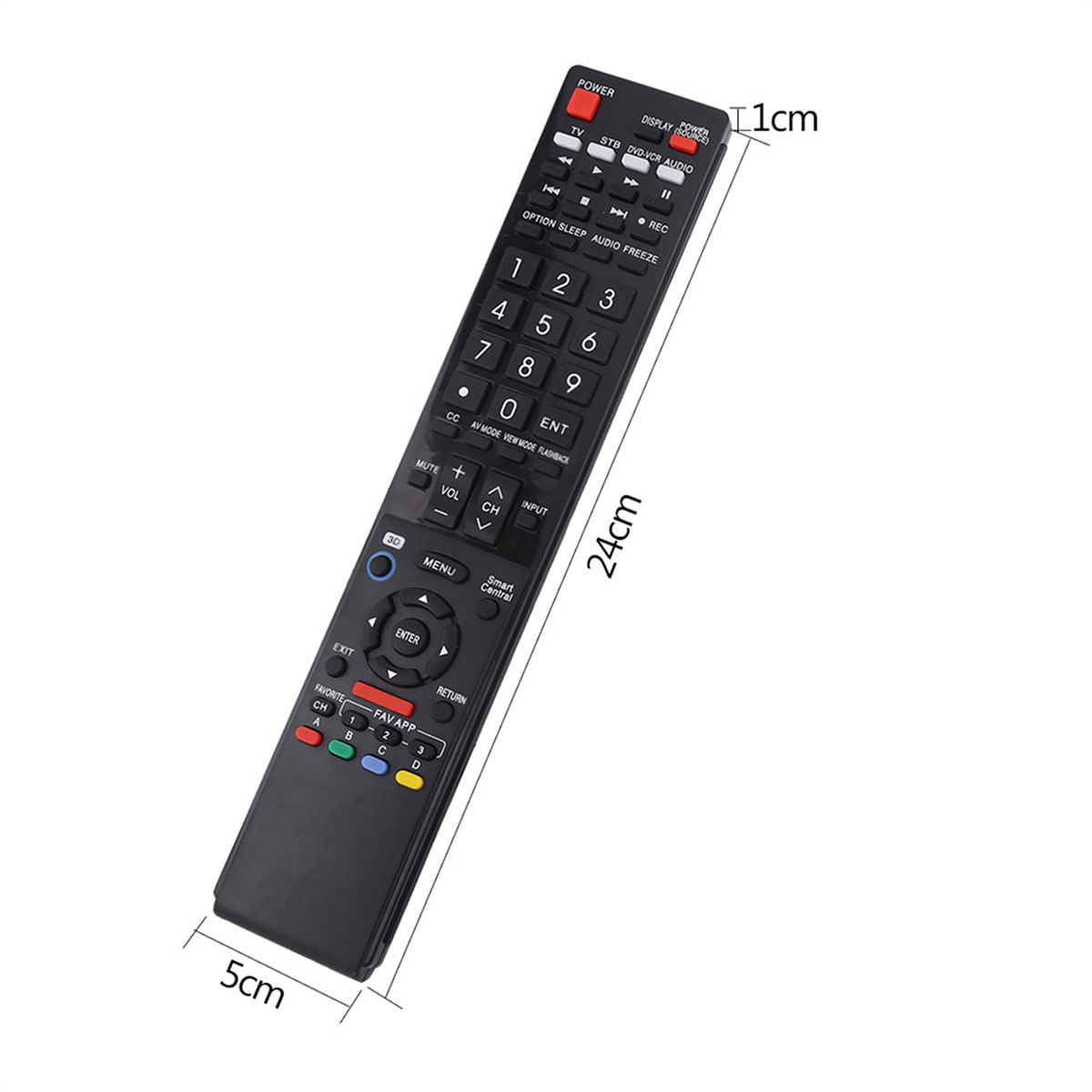 Schwarze TV-Fernbedienung mit beschrifteten Tasten und Abmessungen. Weißer Hintergrund.