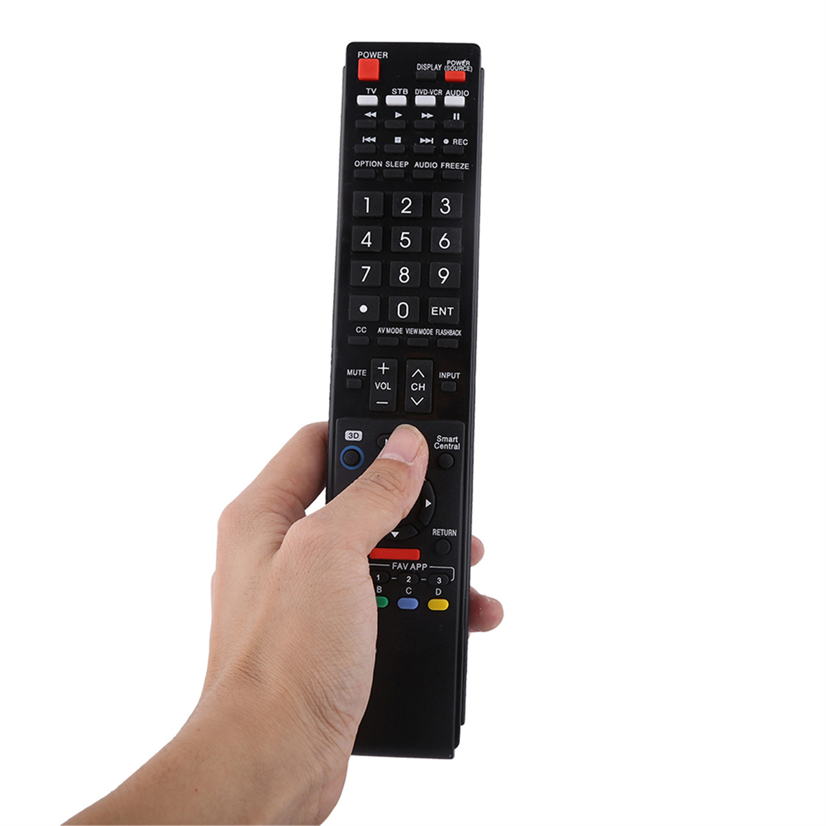 Hand hält eine schwarze TV-Fernbedienung mit Knöpfen auf weißem Hintergrund.