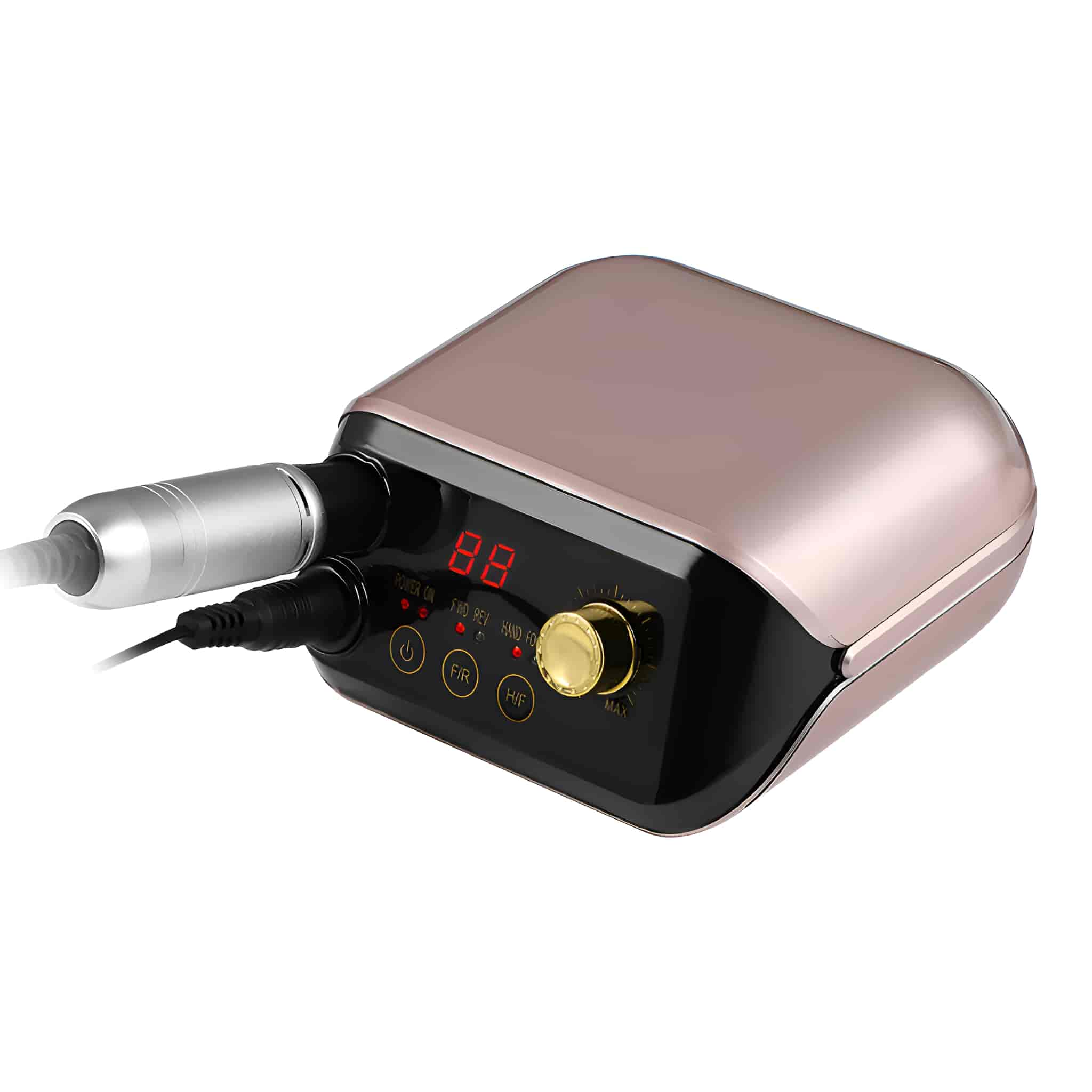 Roségoldene Nagelfräsmaschine. Silberner Bohraufsatz. Schwarze und goldene Akzente.