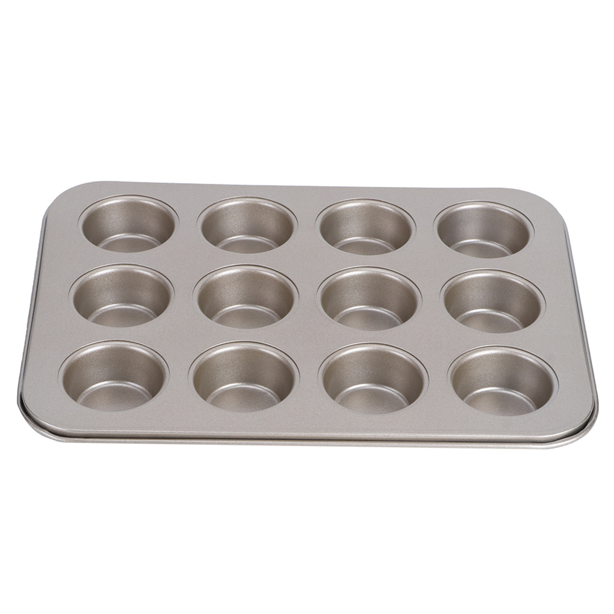 Eine Muffinform mit zwölf runden Formen, aus hellfarbenem Metall.