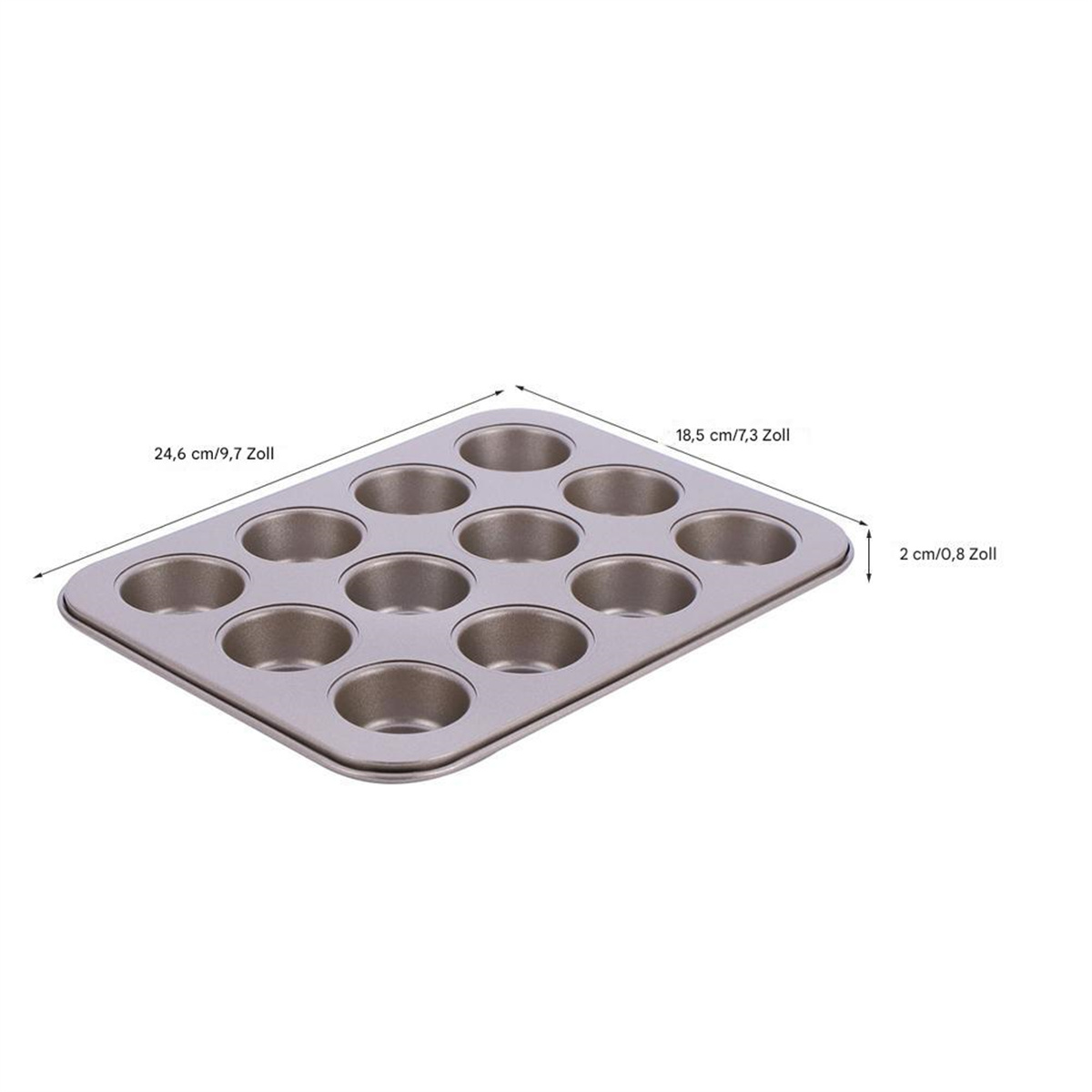 Silberne Muffinform mit 12 Formen, Maße in cm und Zoll.