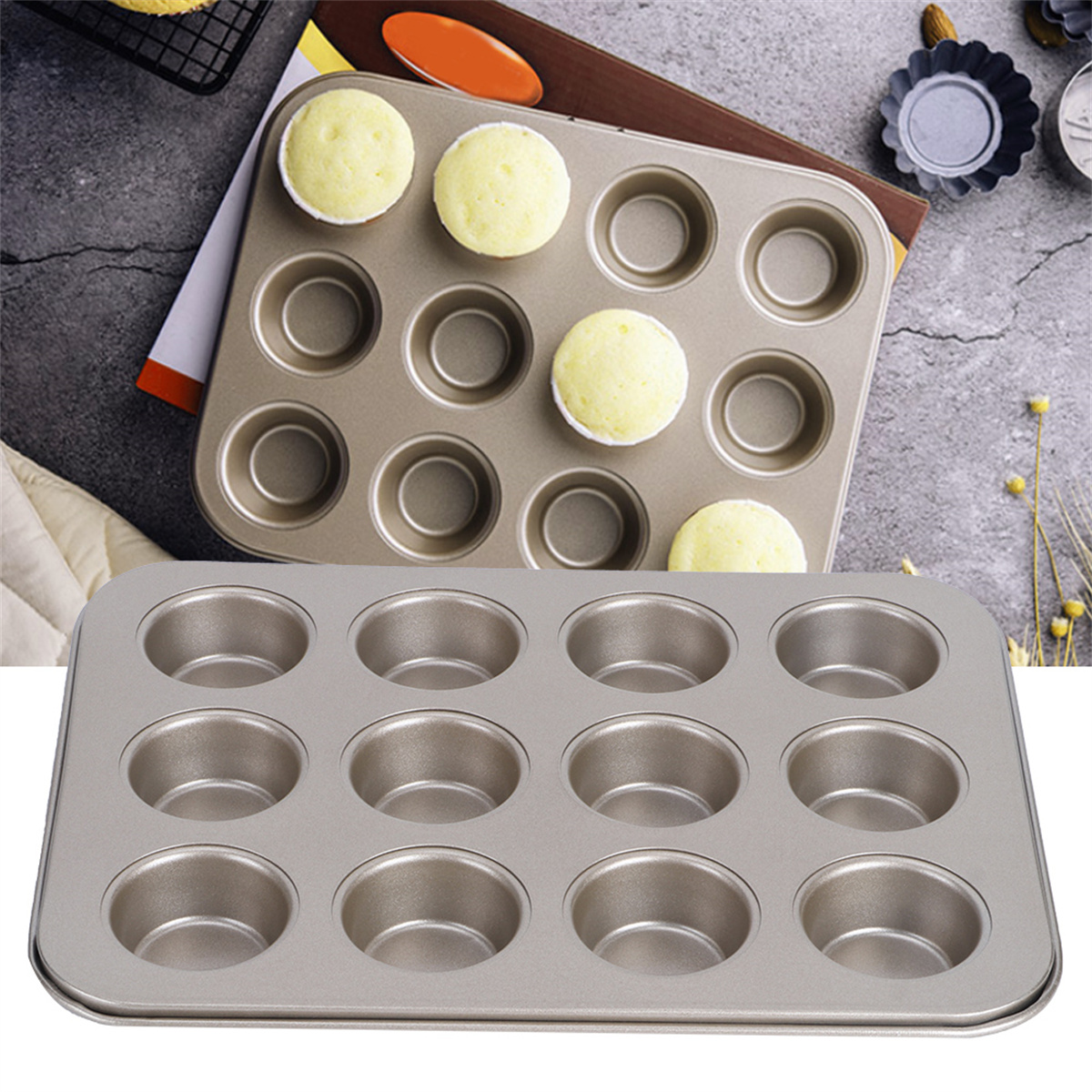 Muffinform mit 12 Bechern. Einige Becher haben kleine gelbe Muffins drin.