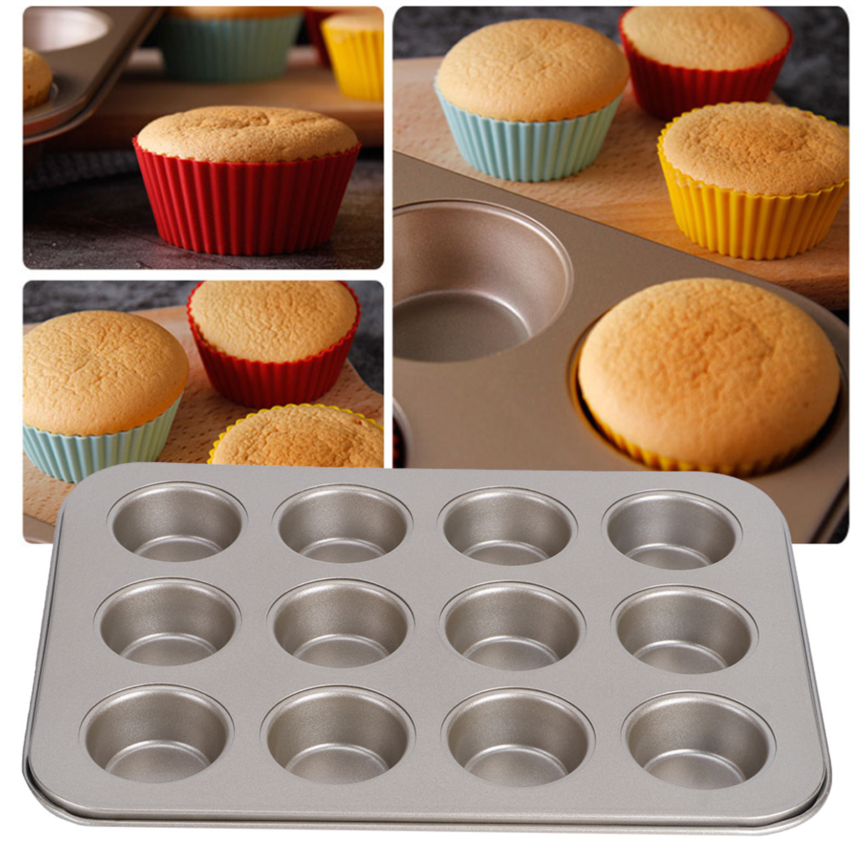 Muffinform mit Muffins in roten, blauen und gelben Formen, mit gebackenen Muffins.