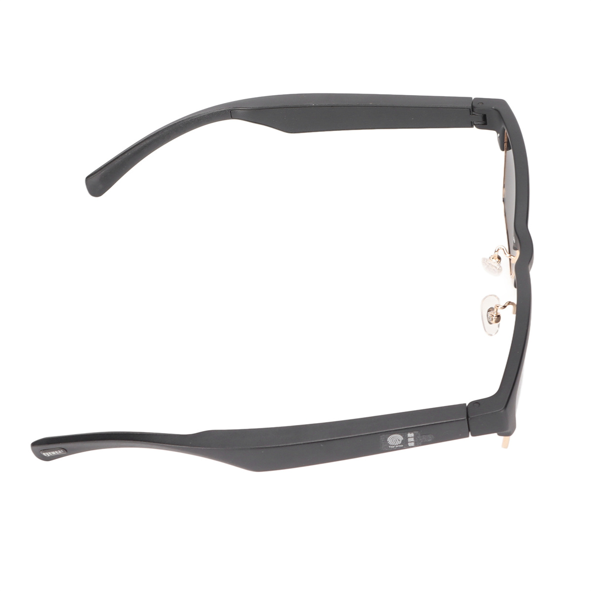 Schwarze Smart-Brille. Draufsicht. Gestelle, Gläser und Bügel sichtbar. Weißer Hintergrund.