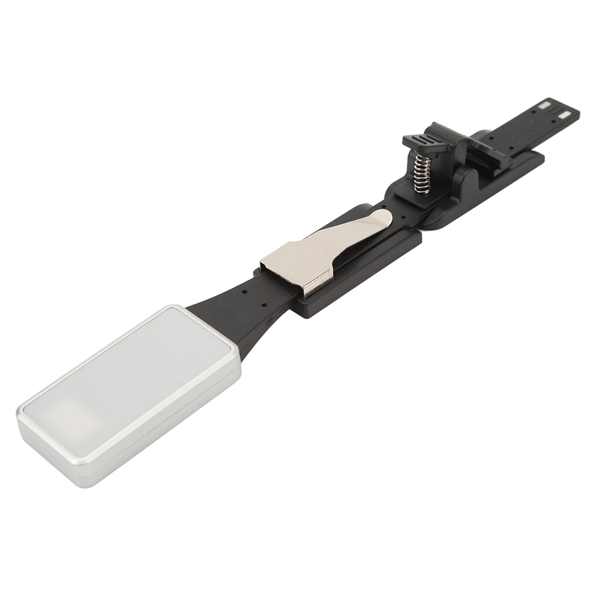 Schwarze LED-Leselampe mit silbernem Akzent, Clip und Federmechanismus.