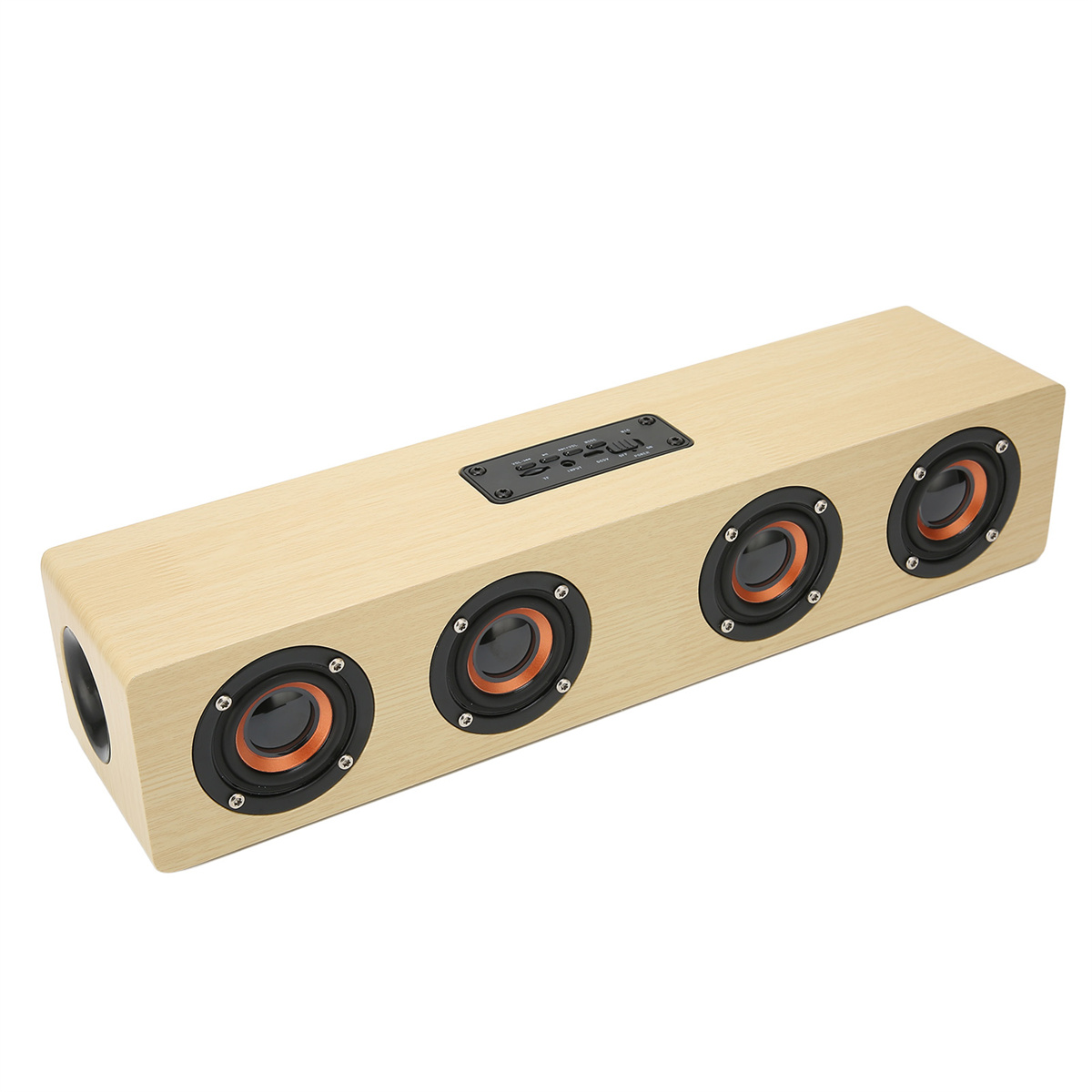 Holzlautsprecher mit vier Lautsprechern und orangefarbenen Kreisen. Schwarze Knöpfe oben.