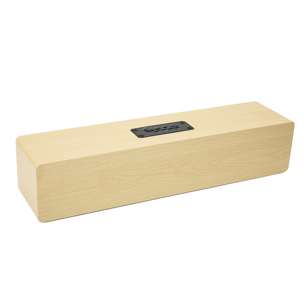 Rechteckiger Lautsprecher aus Holz mit schwarzem Bedienfeld oben.