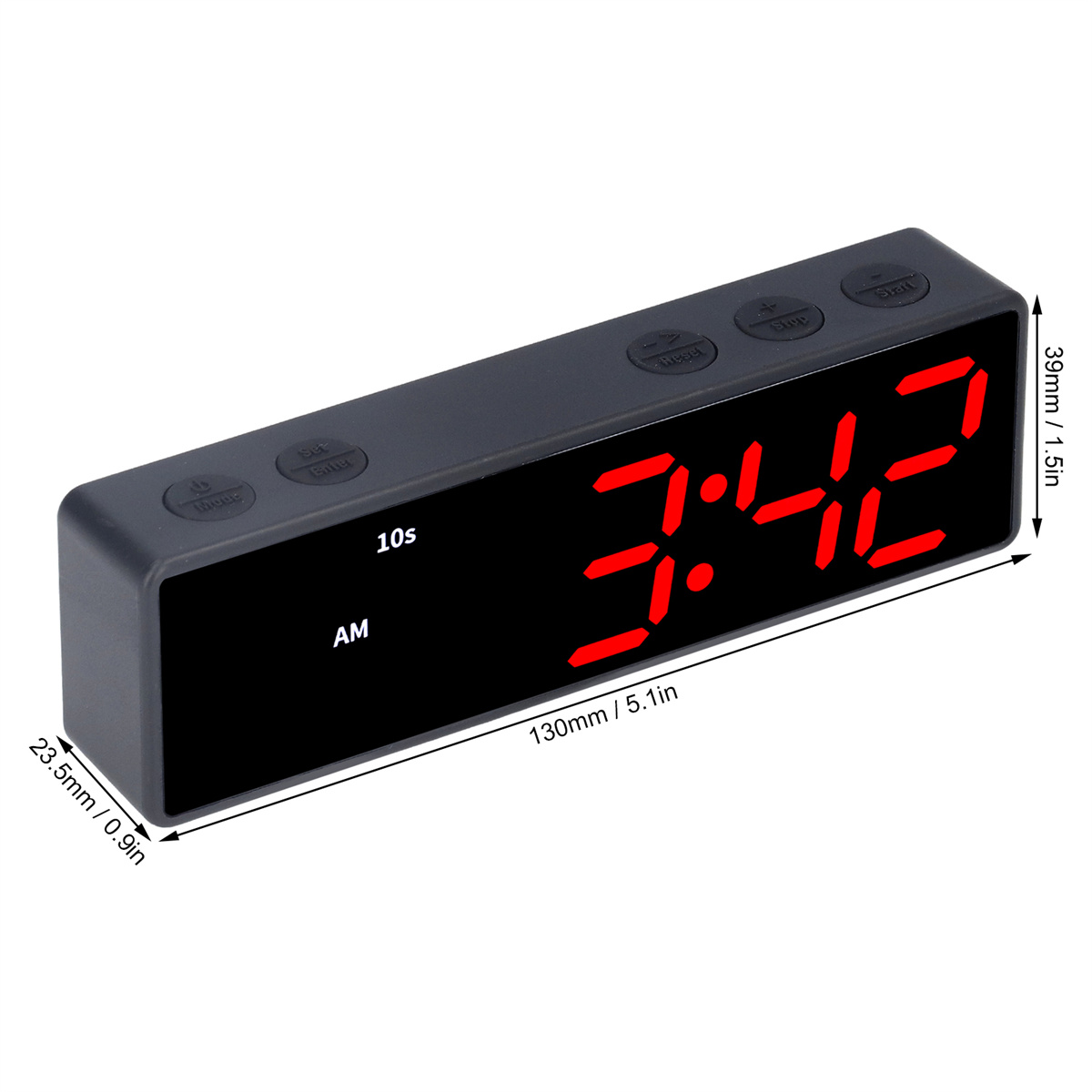 Ein schwarzer digitaler Wecker, der die Uhrzeit 3:42 AM anzeigt, mit Abmessungen und Tasten.