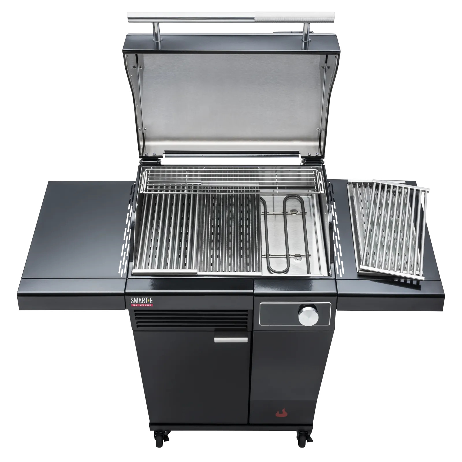Schwarzer Außengrill mit offenem Deckel, Edelstahlrosten und Seitentischen. Draufsicht.