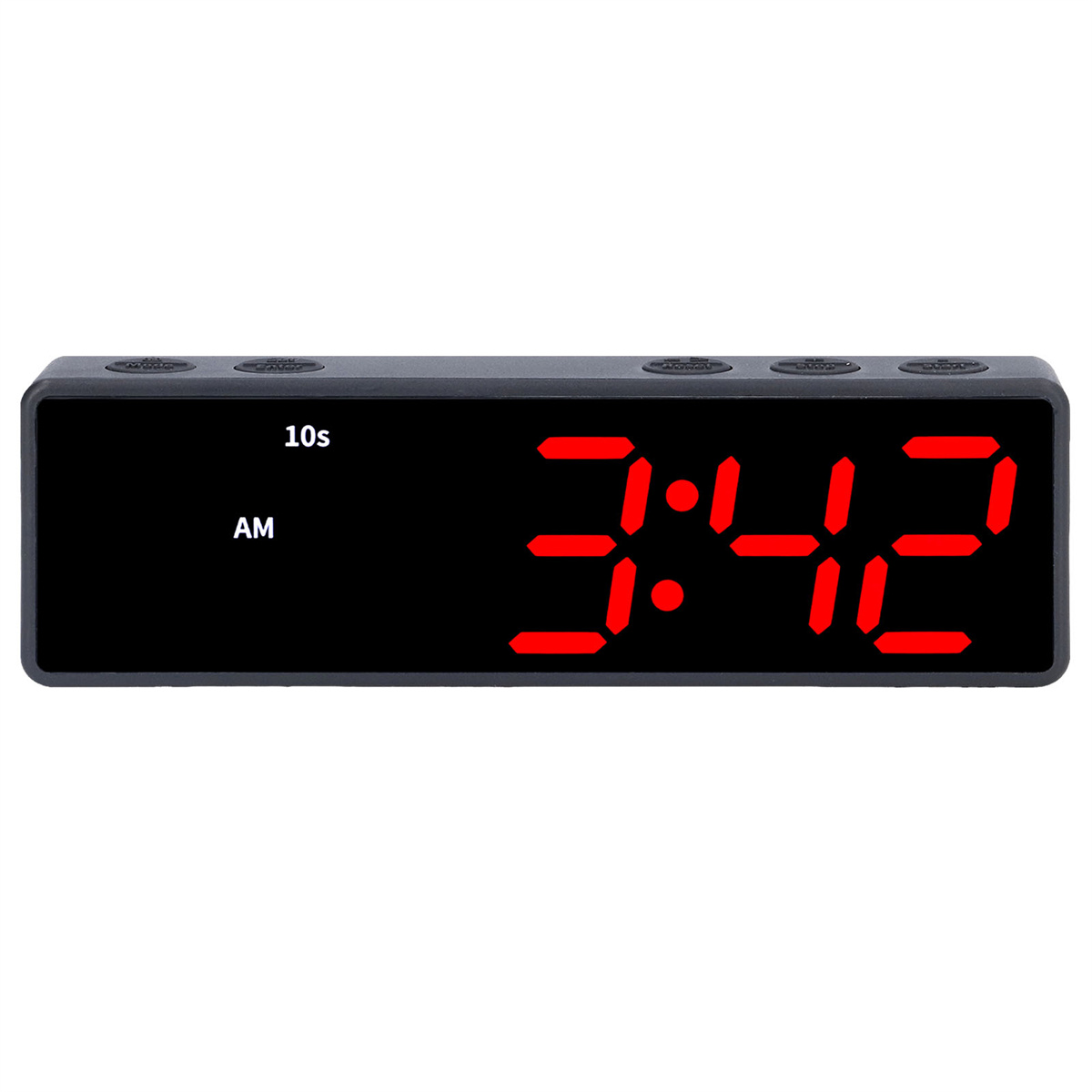 Schwarzer digitaler Wecker mit roten Zahlen, die die Uhrzeit 3:42 Uhr anzeigen.