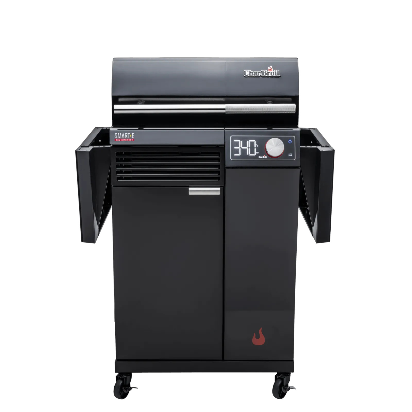 Ein schwarzer, freistehender Außengrill mit Digitalanzeige und Stauschränken.
