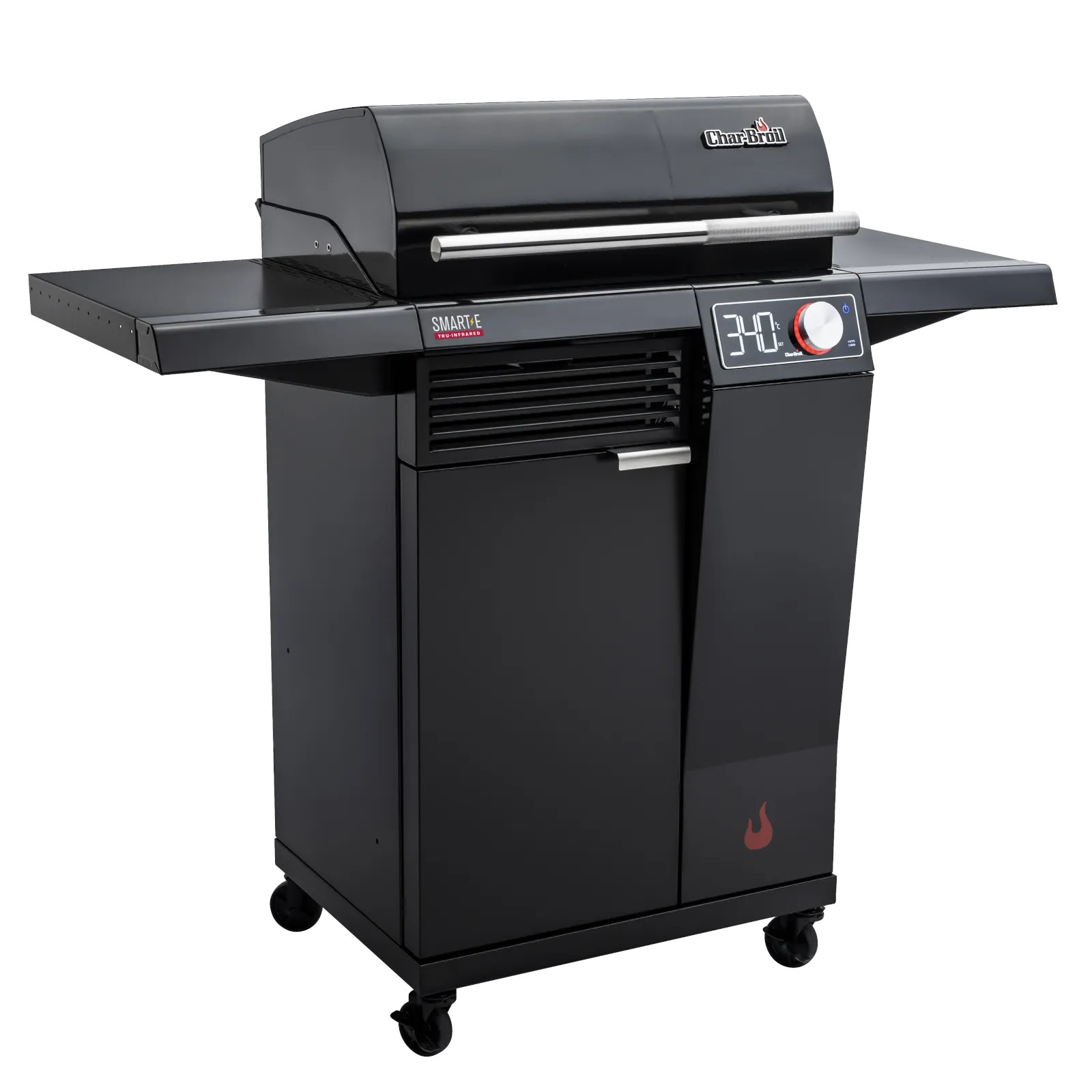 Ein schwarzer Char-Broil Grill mit einem Beistelltisch und einer Temperaturanzeige, vor weißem Hintergrund.