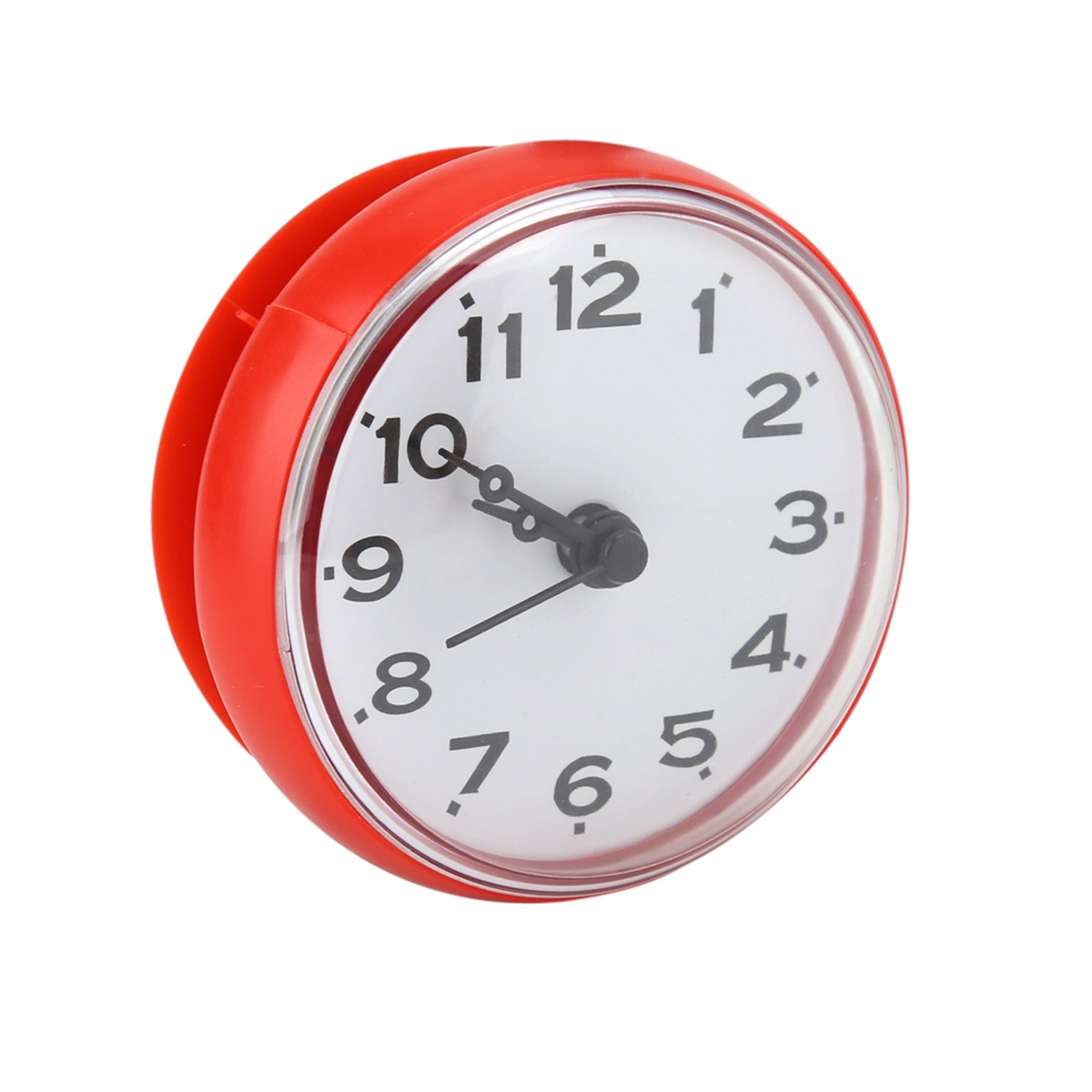 Rote runde Uhr mit schwarzen Zeigern und weißem Zifferblatt, Zahlen von 1 bis 12.