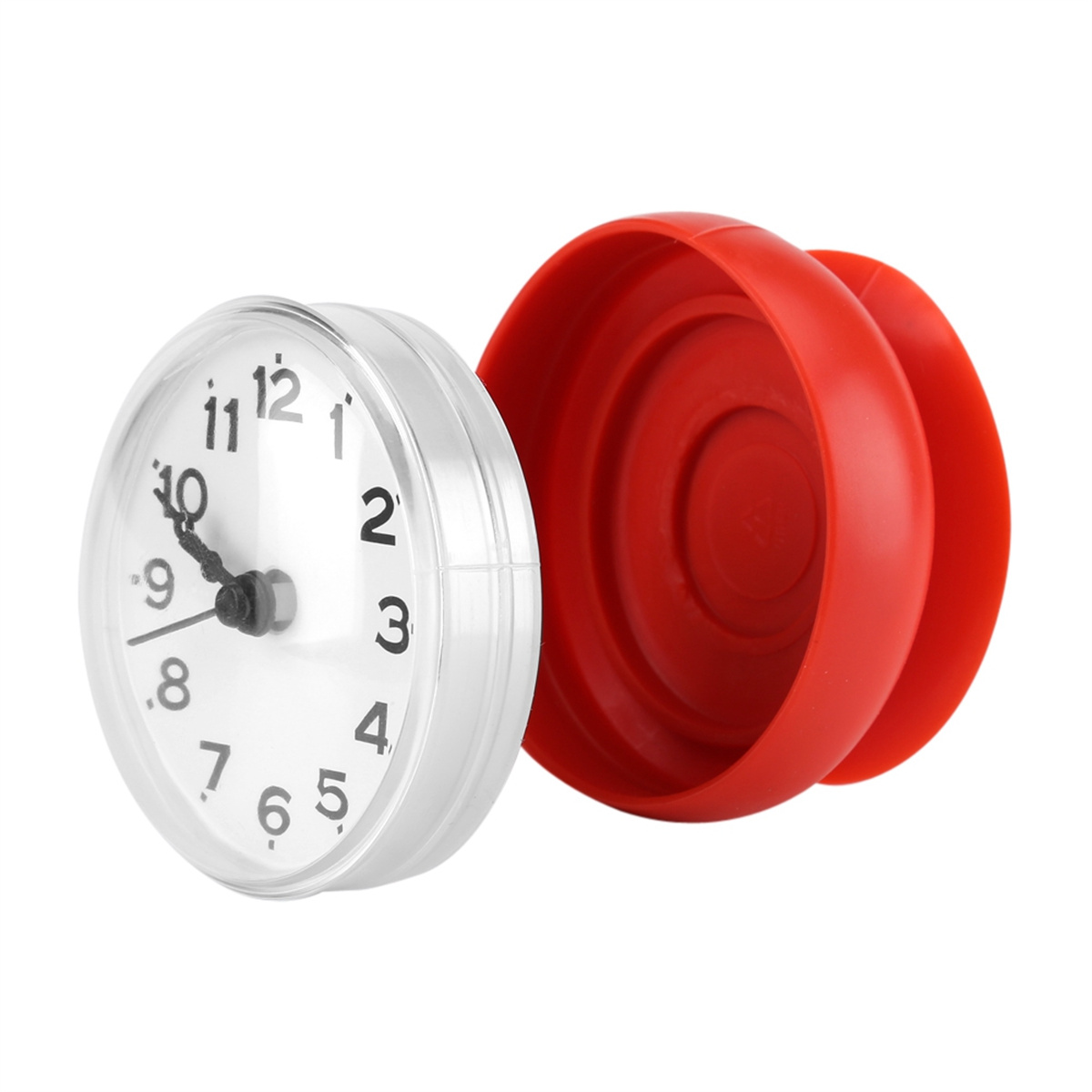 Eine kleine Uhr mit weißem Zifferblatt, Zeigern und Zahlen, neben einem roten Außengehäuse.