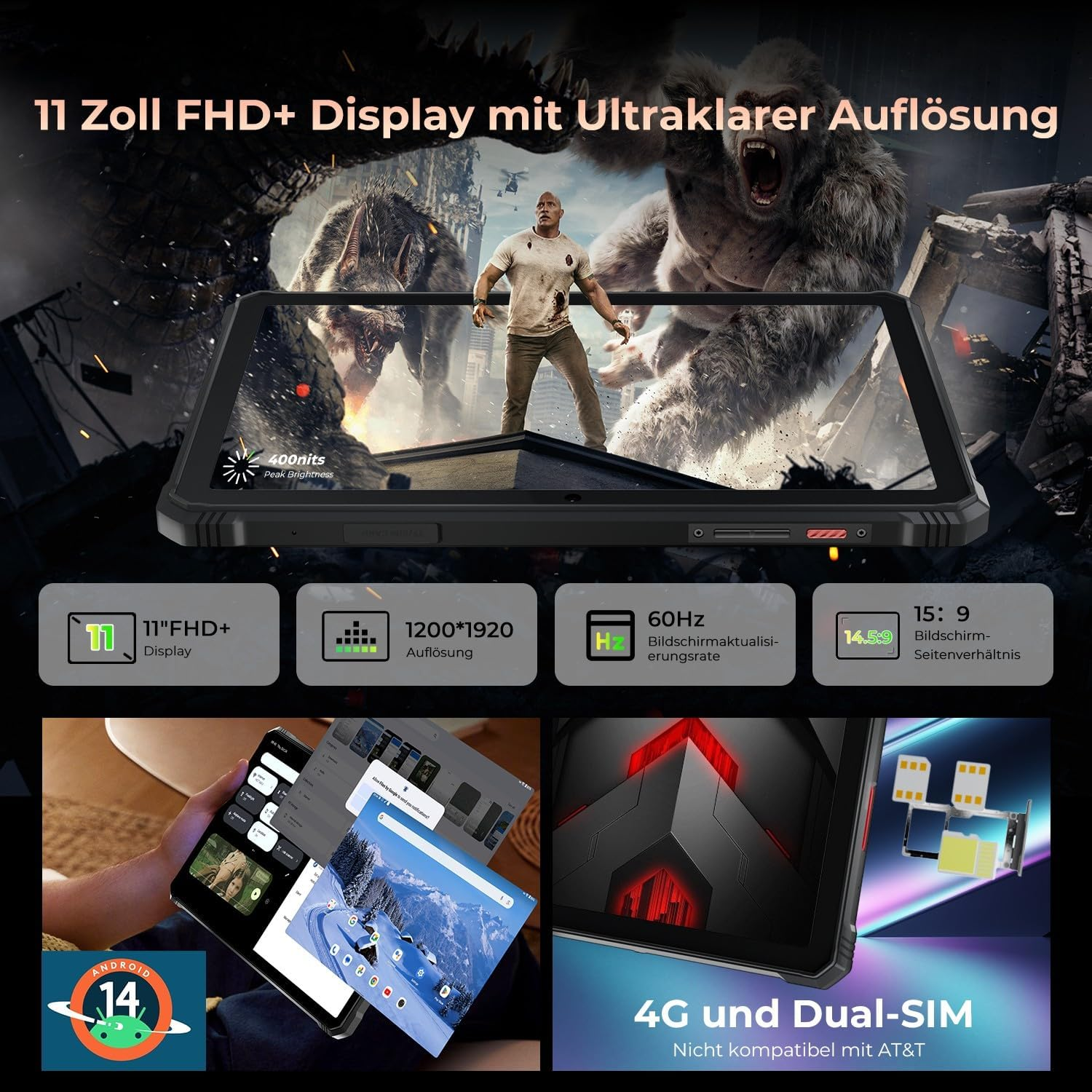 Tablet con schermo che mostra immagini, grafica e logo Android, più info sullo schermo.