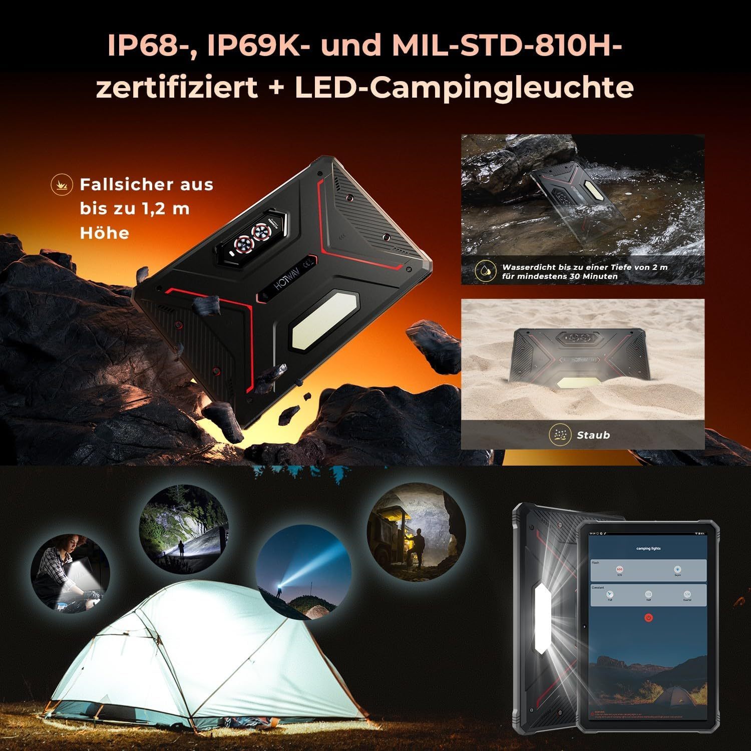 Tablet robusto con immagini che mostrano la sua durata e utilizzo, inclusa una tenda e luci.