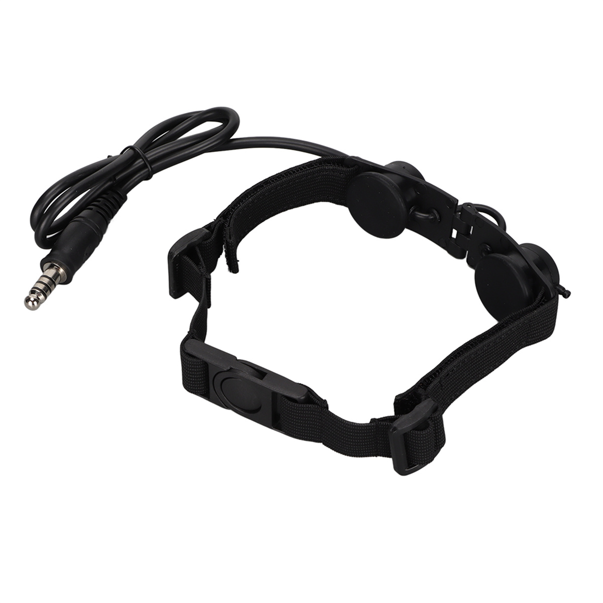 Schwarzes Headset mit Stecker und verstellbarem Riemen, vor weißem Hintergrund.