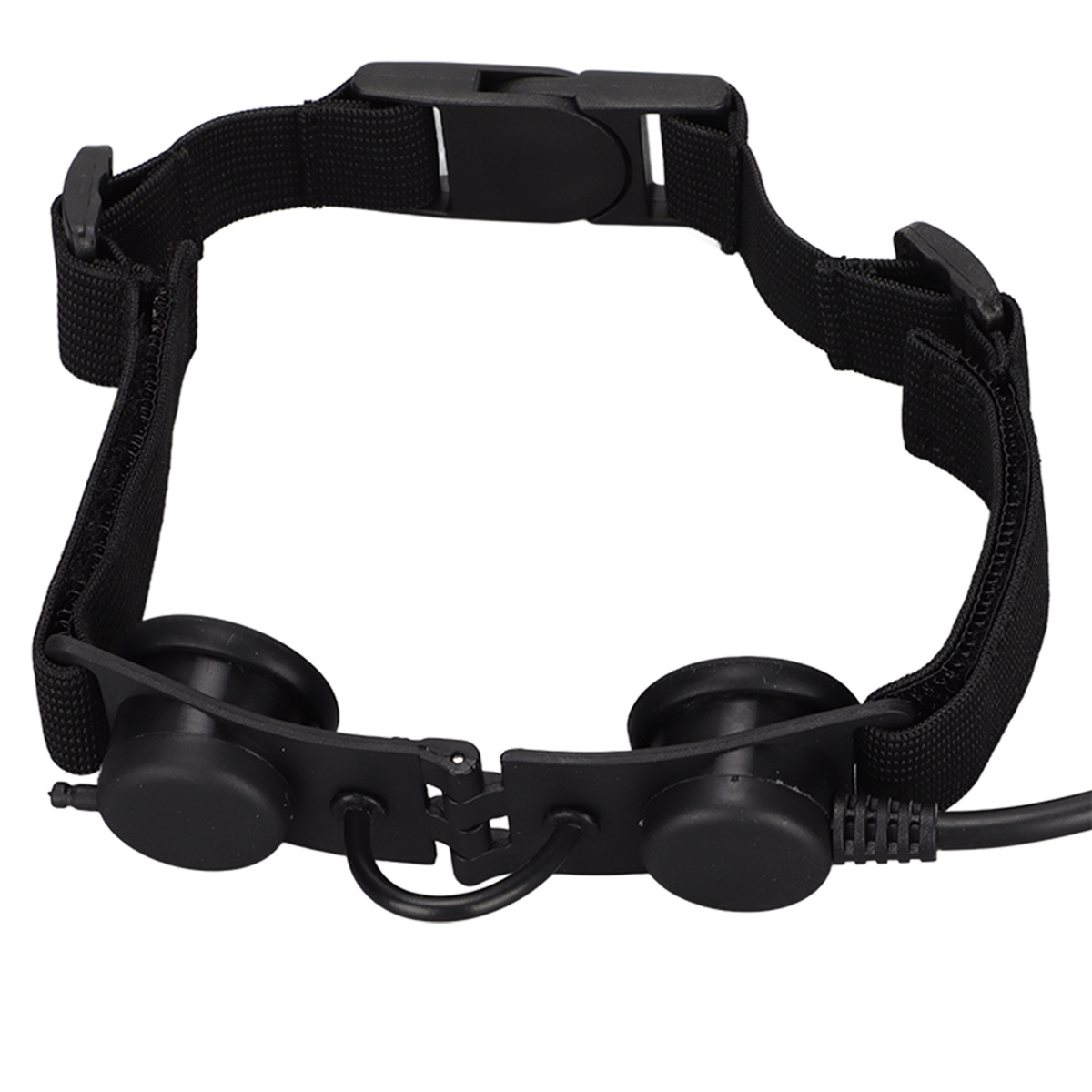 Schwarze Kopfstütze mit Lautsprechern und Kabel, für Audiogeräte.