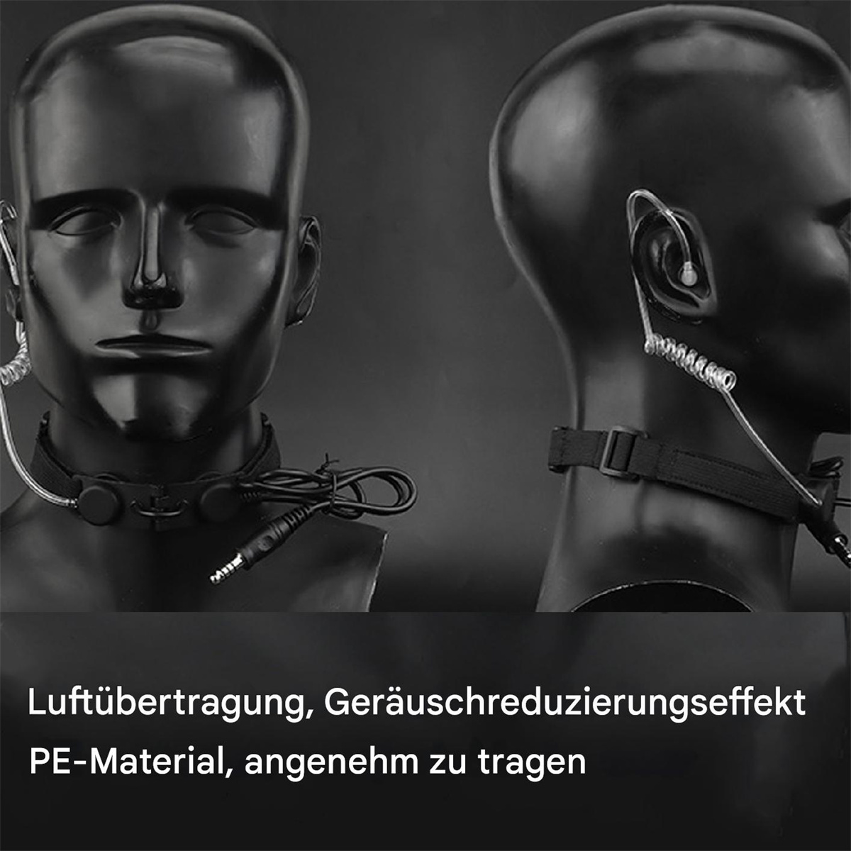 Schwarze Schaufensterpuppenköpfe mit einem Kopfhörerset und einem Nackenband.