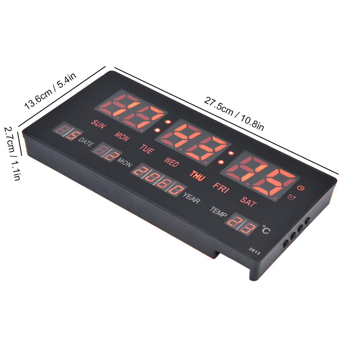 Eine schwarze Digitaluhr mit roter Anzeige von Datum, Uhrzeit und Temperatur. Abmessungen sind angegeben.