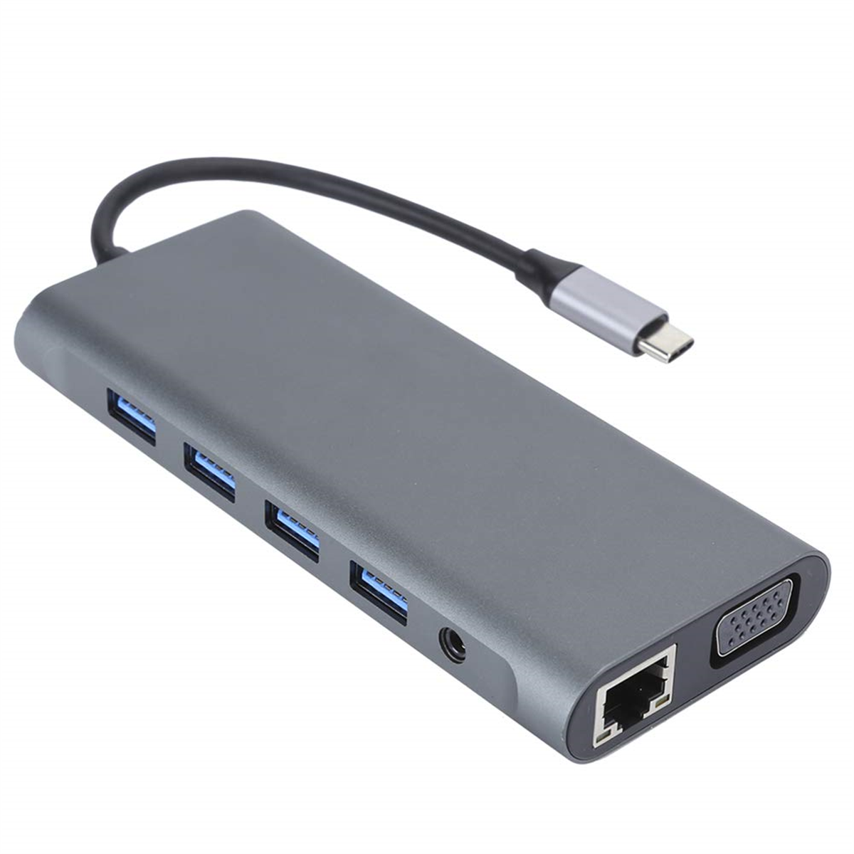 Grauer USB-C-Hub mit mehreren Anschlüssen: USB, Ethernet, HDMI und Audioanschluss auf weißem Hintergrund.