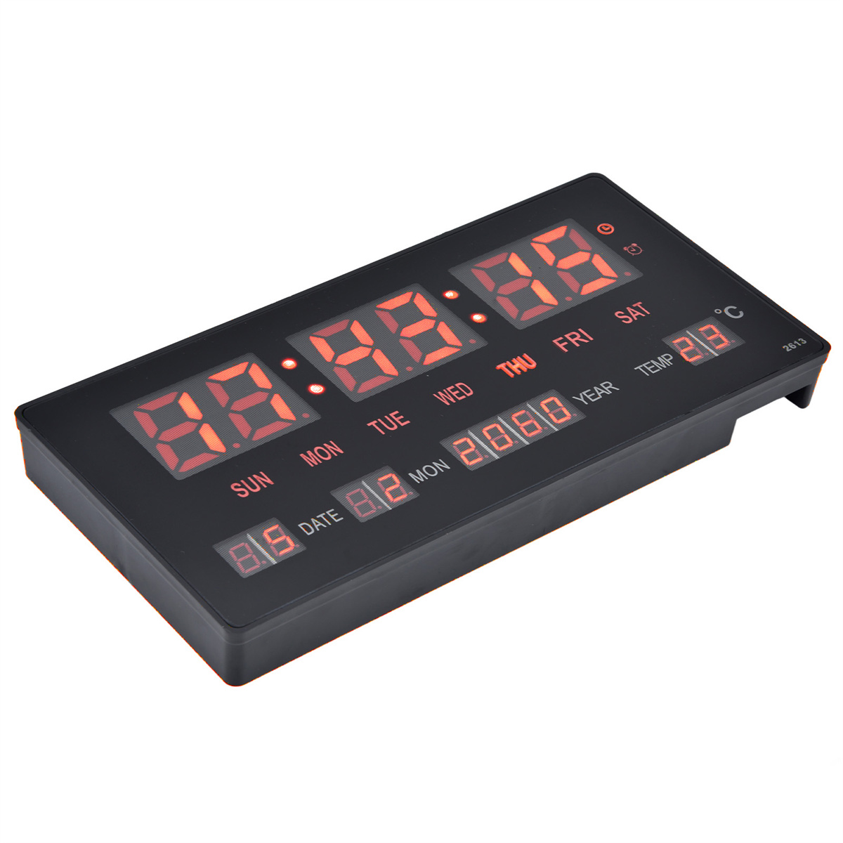 Schwarze Digitaluhr mit roten Zahlen, die Zeit, Datum und Temperatur anzeigt.