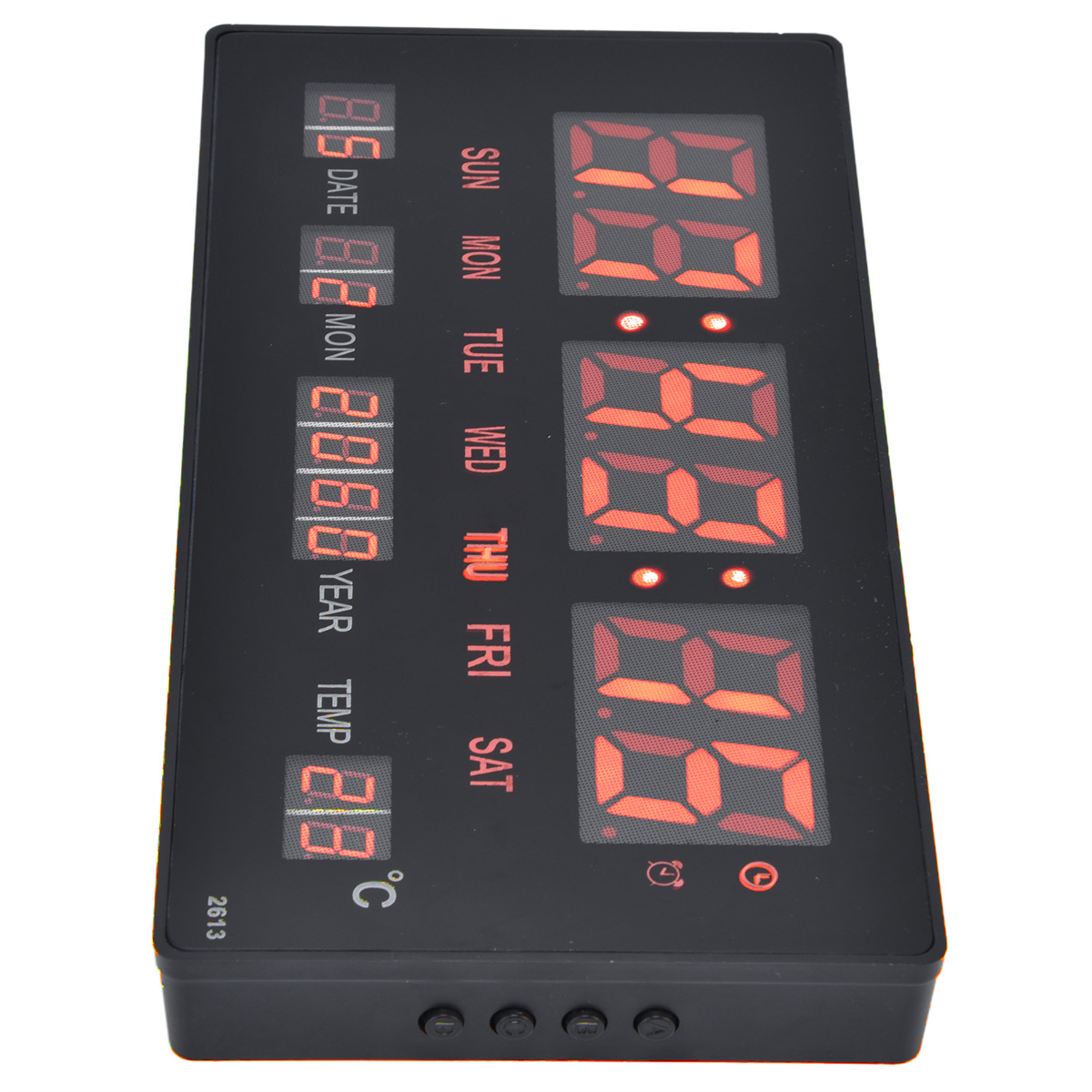 Schwarze Digitaluhr mit roten Ziffern. Zeigt Datum, Uhrzeit und Temperatur an.
