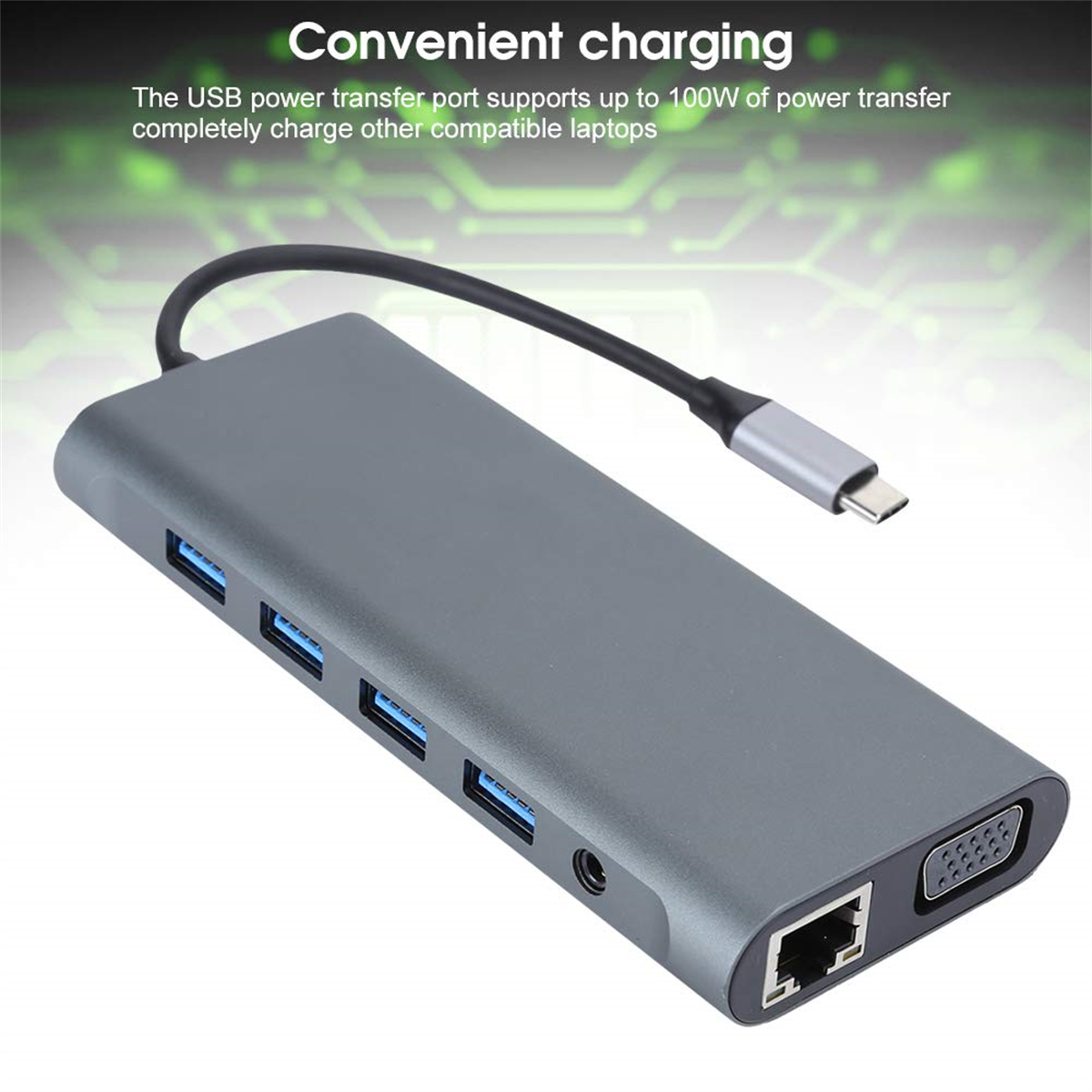 Ein grauer USB-Hub mit mehreren Anschlüssen und einem schwarzen Kabel mit USB-C-Anschluss.