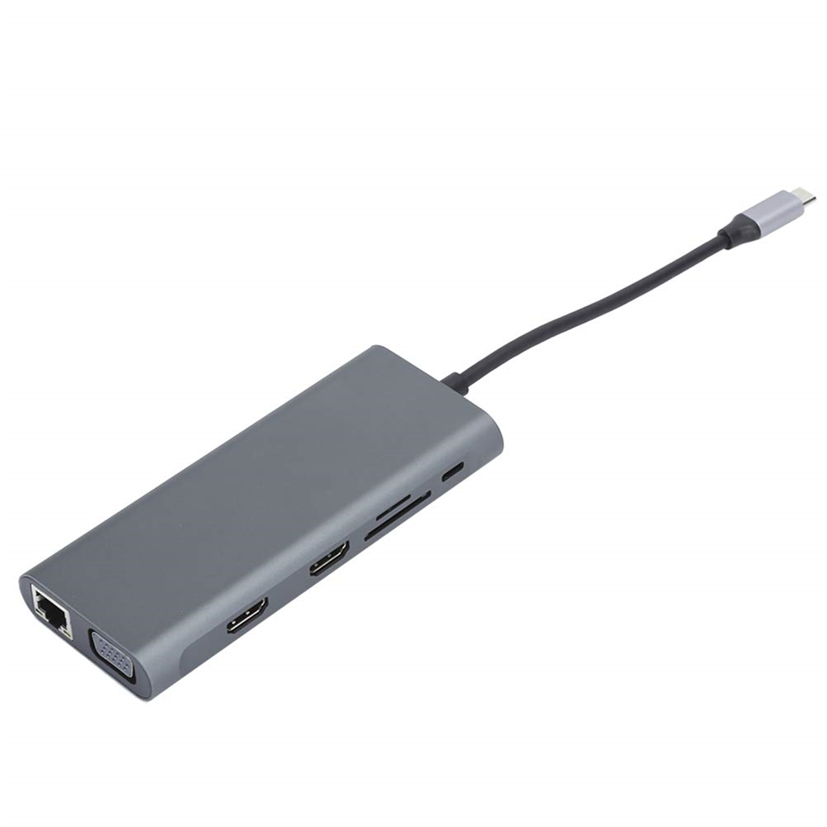 Ein grauer USB-C-Hub mit mehreren Anschlüssen, angeschlossen an ein schwarzes Kabel, schräge Ansicht.
