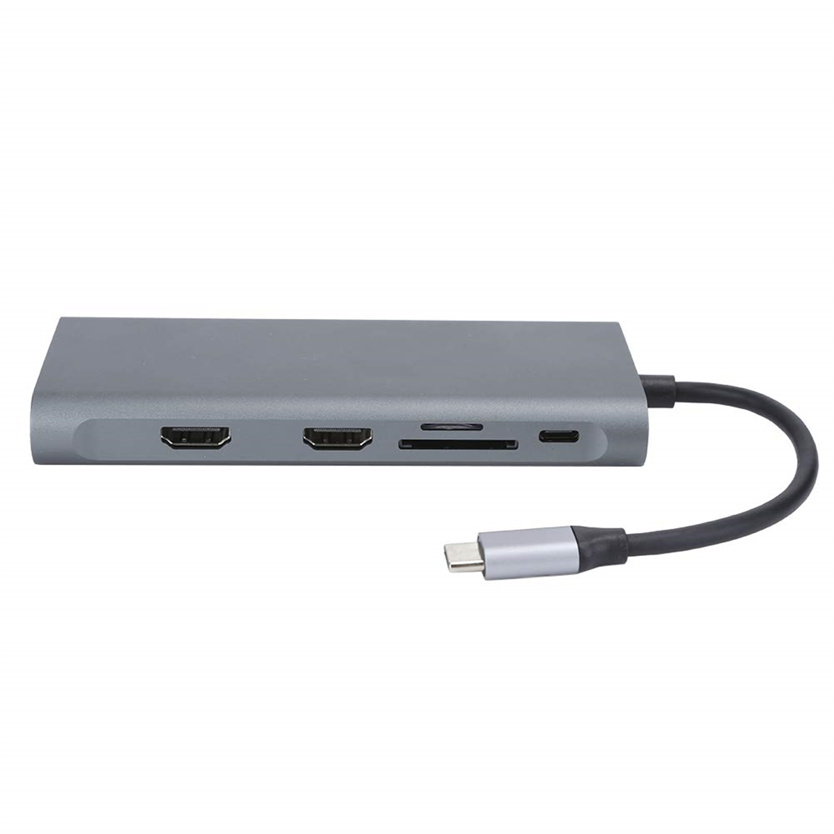 Ein grauer Multiport-Adapter mit HDMI-, SD-Karten- und USB-C-Anschlüssen und einem schwarzen Kabel.