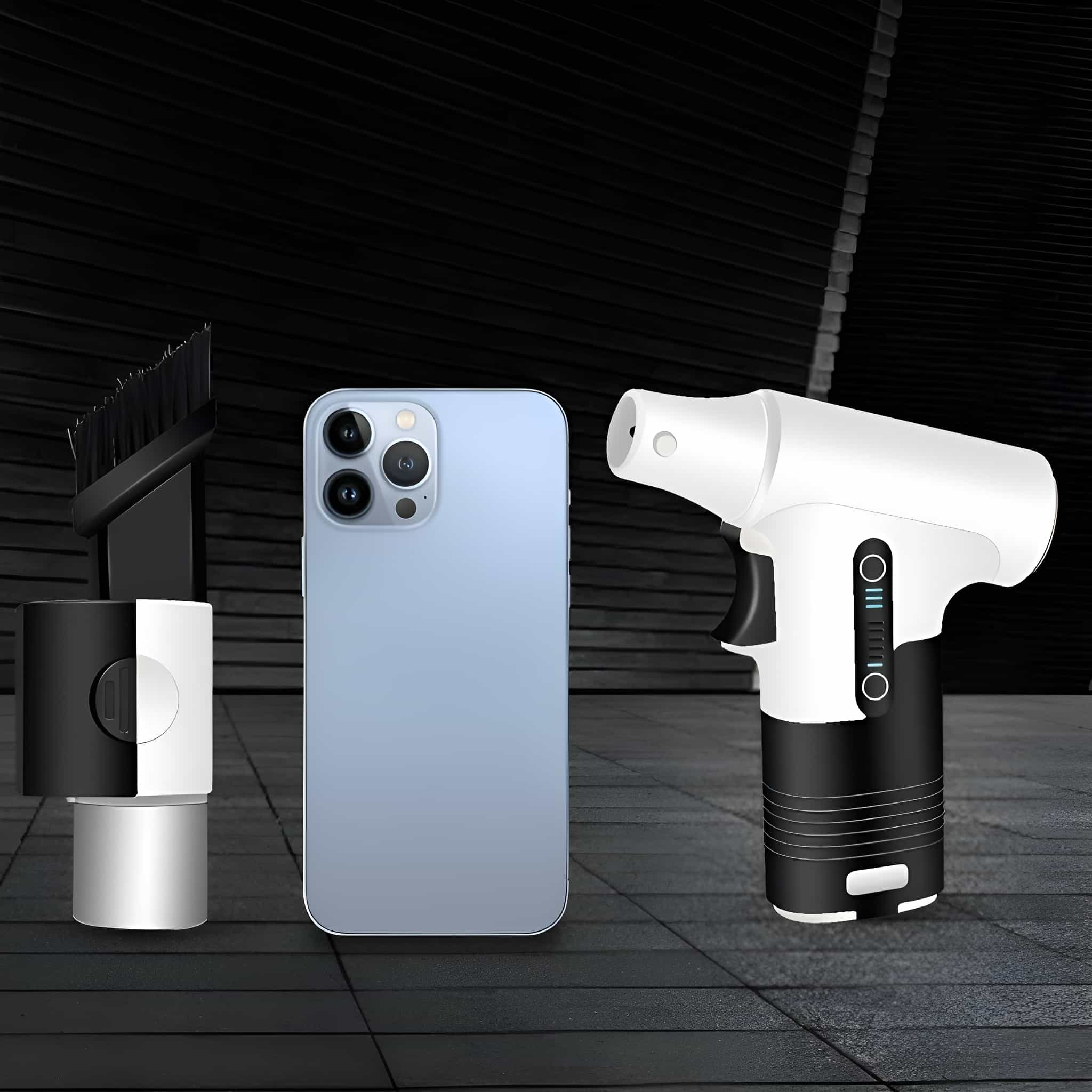 Objekte: Telefon, Reinigungswerkzeug und Luftstaubsauger. Hintergrund: dunkle Wand.